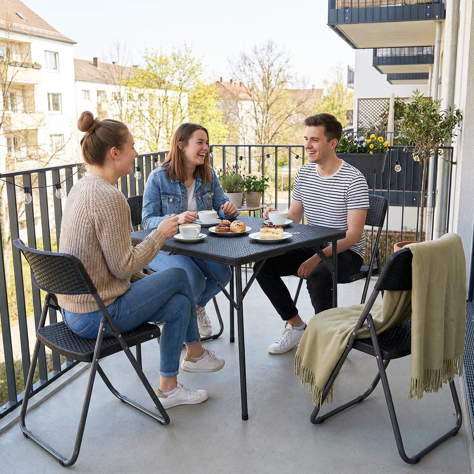 Sekey Gartengarnitur Set, Garten-Essgruppe 4 Personen, Balkonset Balkonmöbel Set 4 Stühle mit Tisch, Klappbar Gartentisch mit Stühlen Set Terrassenmöbel für Terrasse, Balkon, Bistro, Garten