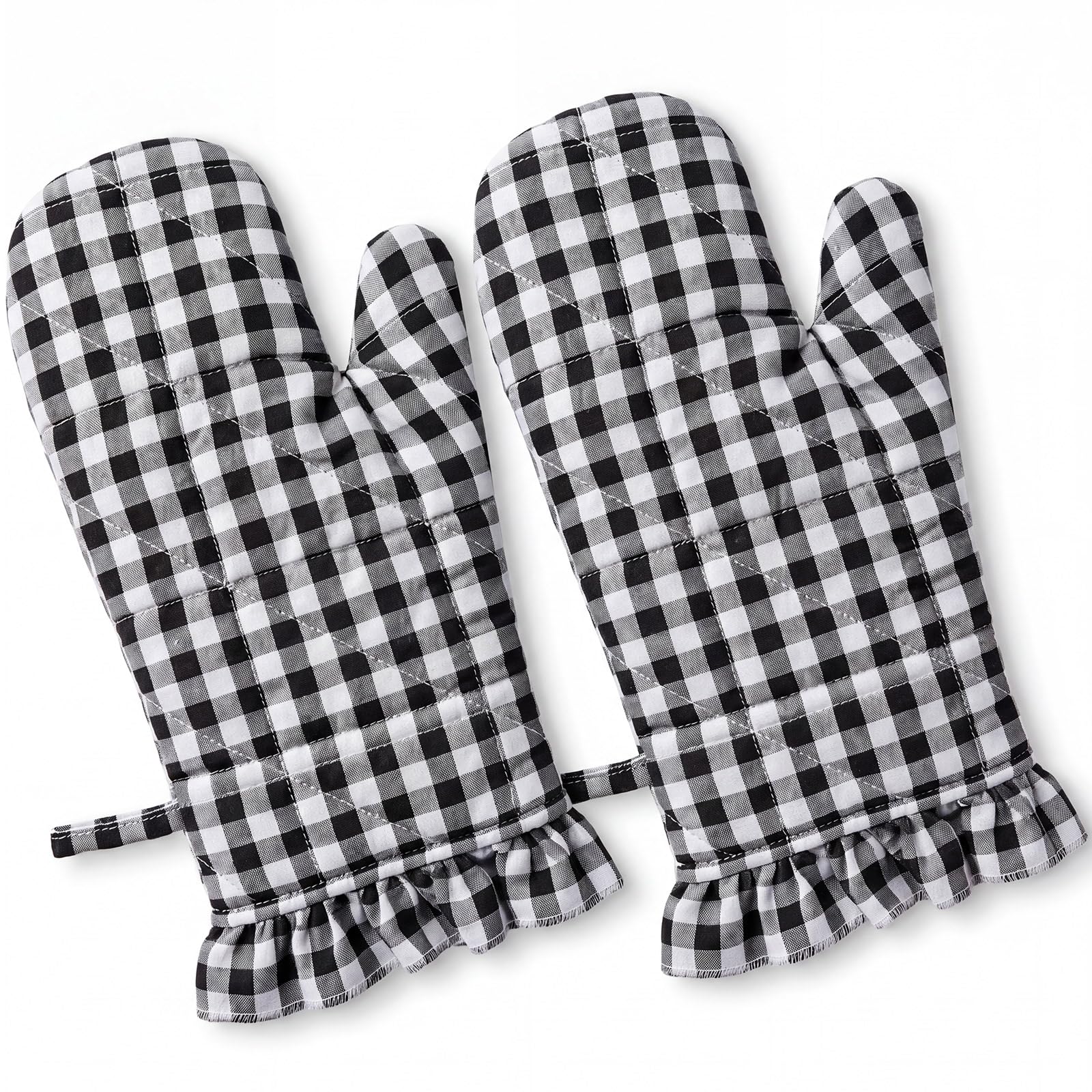 Twistover Juego de 2 guantes de horno a cuadros, guantes de cocina de algodón de 13.5 x 6.5 pulgadas, resistentes al calor, con ribete de volantes, guantes de cocina antideslizantes para cocina