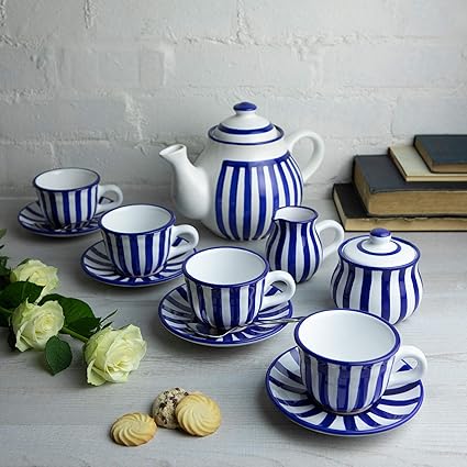 Handmade Dark Navy Blue Stripe Ceramic Teapot Set, Large 1,7l/60oz/4-6 Cup Teapot, Milk Jug, Sugar Bowl, Four Cups and Saucers Tea Set, Pottery Housewarming Gift for Tea Lovers by City to Cottage