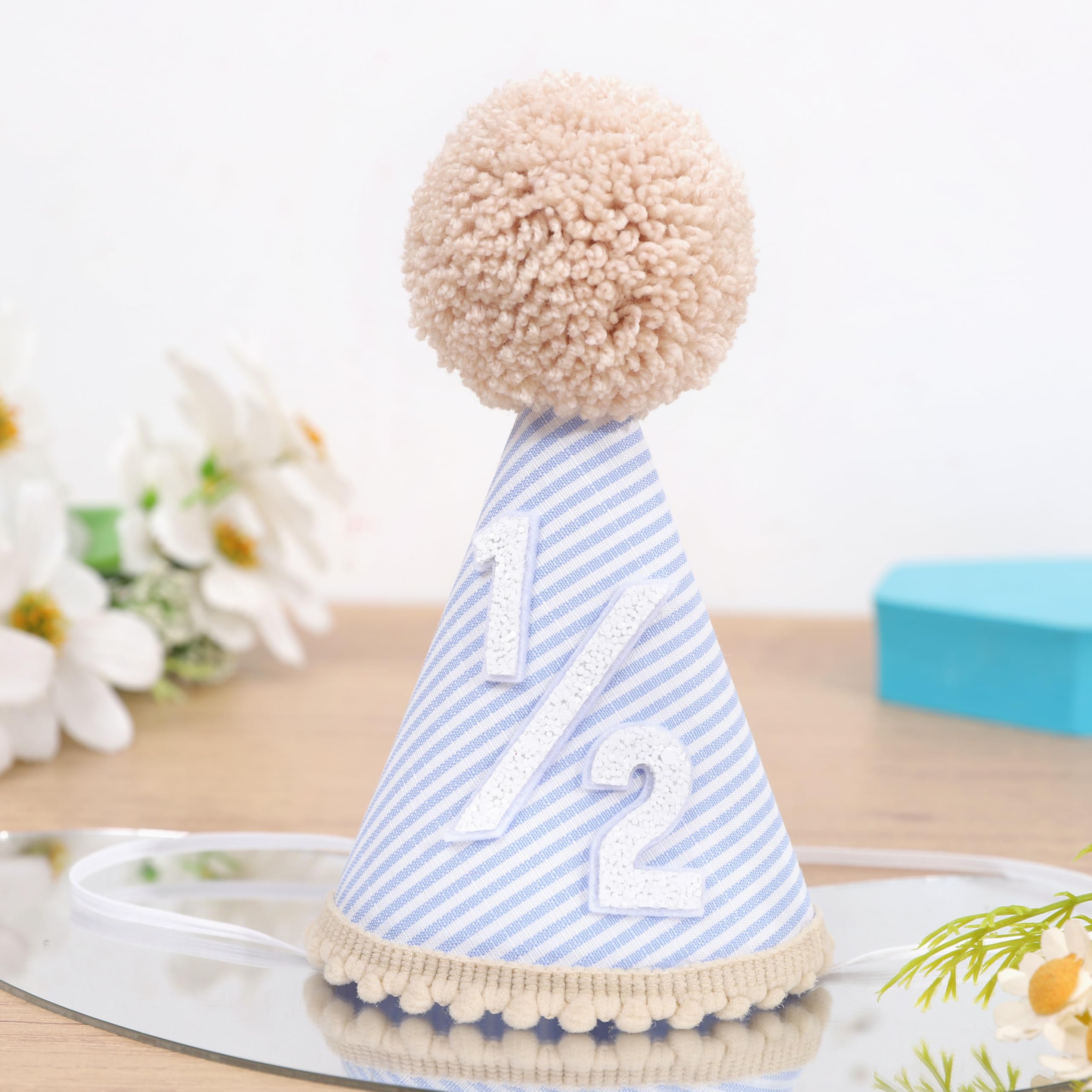 Sombrero de medio cumpleaños para niños, corona de 1/2 cumpleaños, decoraciones de fiesta de seis meses, medio sombrero de rayas azules bohemias