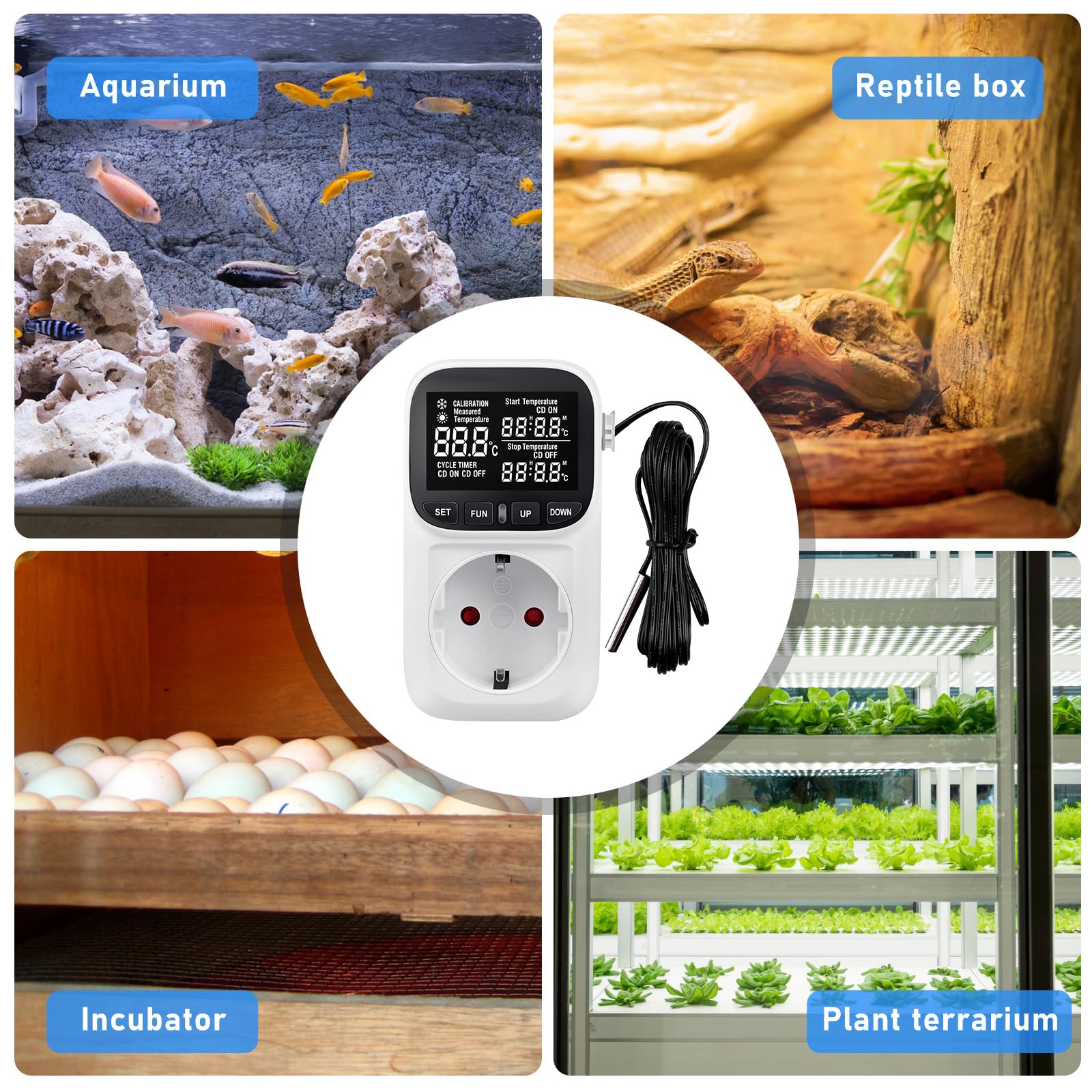 Temperaturregler, Digitaler Thermostat Steckdose, mit VA Bildschirm, Zeitschaltuhr Steckdose, Thermostate, Timer Steckdose, für Gewächshaus, Reptilien, Aquarium, Terrarium, Kühlschrank Fermentation