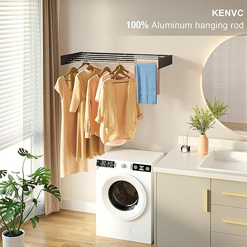 Miniatura 4 de kenvc Estante de secado montado en la pared, 40 pulgadas de ancho, 16.5 pies lineales, 5 varillas de aluminio, capacidad de 60 libras, estante de