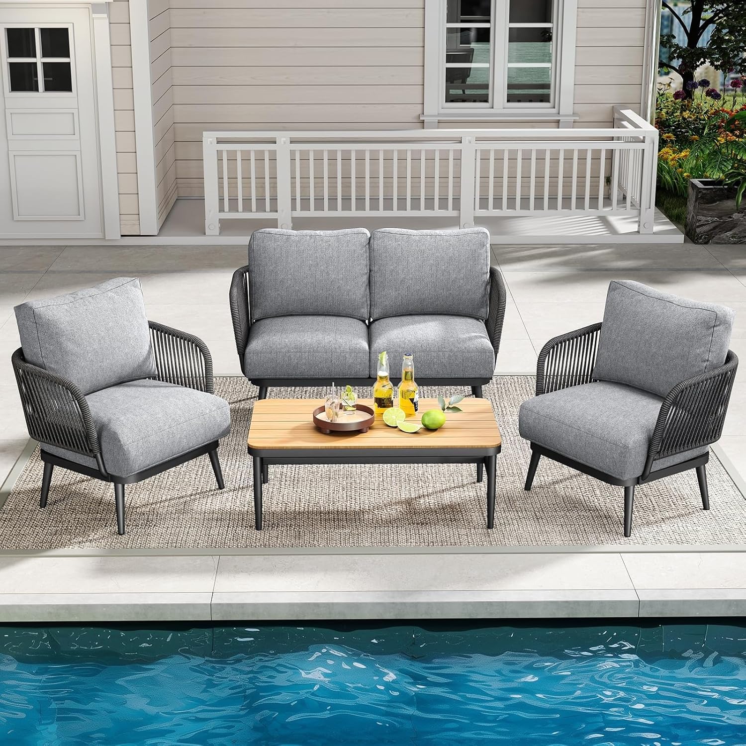 Outdoor Patio Furniture Set 5-Piece 4-Seat Sofa with Coffee Table Waterproof Thick Cushion All Weather Couch Patio Conversation Sets for Backyard Porch Balcony Poolside