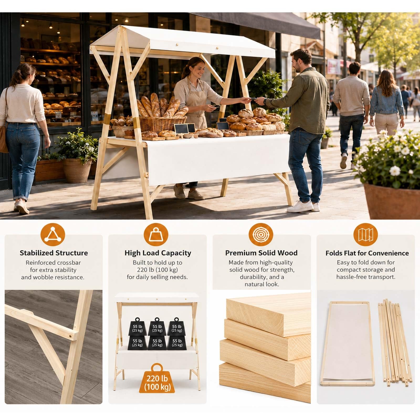 Banco Di Mostra Pieghevole Delle Bancarelle Di Mercato Con Il Baldacchino, Carrello Venditore In Legno Con Ruote, Bancarella Mobile, Stand Vendita Portatile Per Fiere E Sagre(Pink,L 150cm/59in)