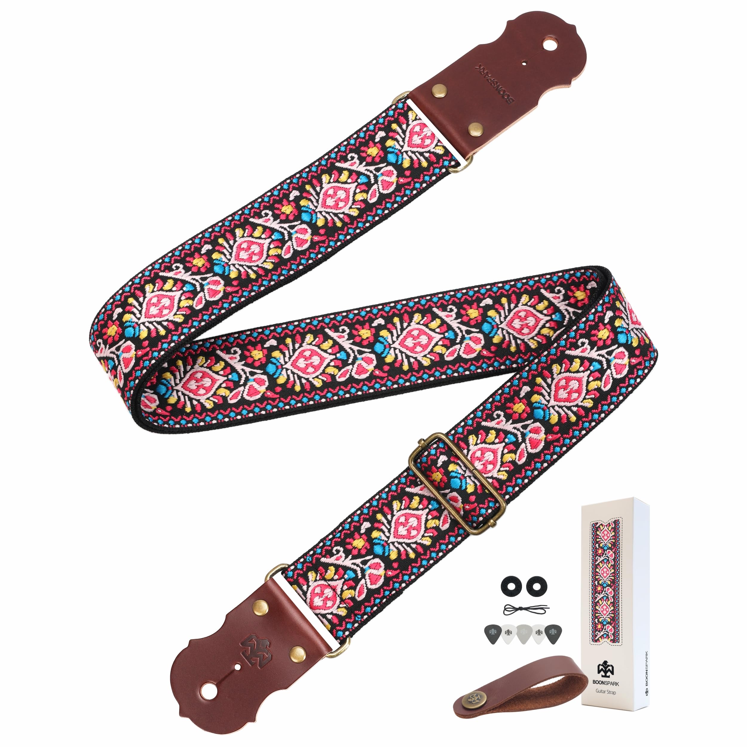 Guitar Strap, Jacquard Embroidery Guitar Straps with Top Real Cowhide Ends Guitar Straps for Electric,Bass and Acoustic Guitars(Embroidered Flower - Pink)