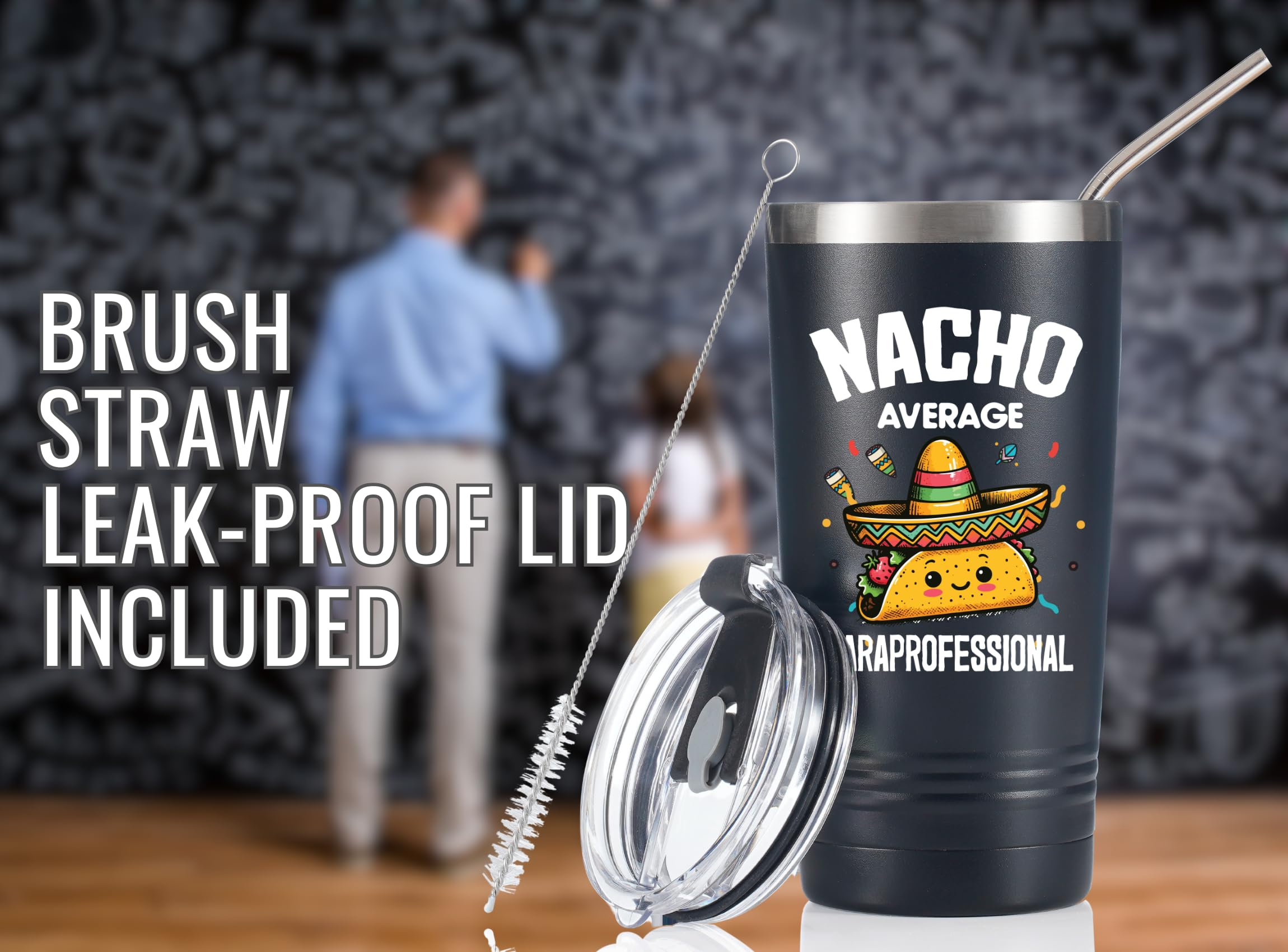 Onebttl Paraprofessional Appreciation Gifts, Funny Gifts for Teacher Paraprofessional, 20oz Stainless Steel Black Insulated Tumbler with Lid & Straw - Nacho Average