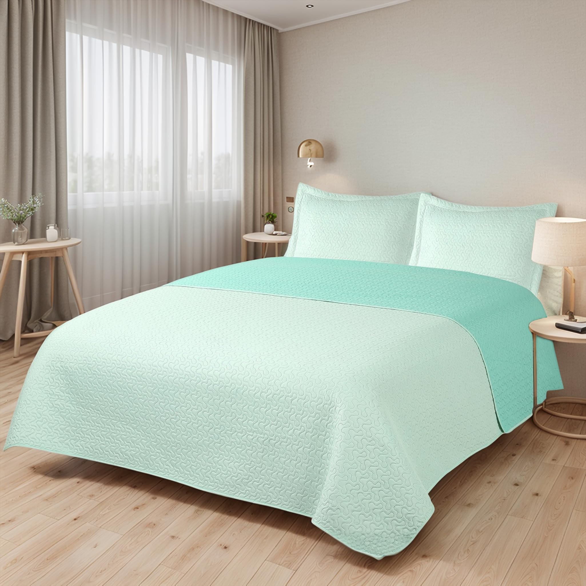 Etrexonline Colcha Bouti Reversible Lisa 100% Microfibra Extra Suave Colcha Cubre Cama Multiusos para Primavera y Verano Incluye 2 Fundas de Cojín, Cama 140/150/160cm - 250x260cm - Verde Agua Liso