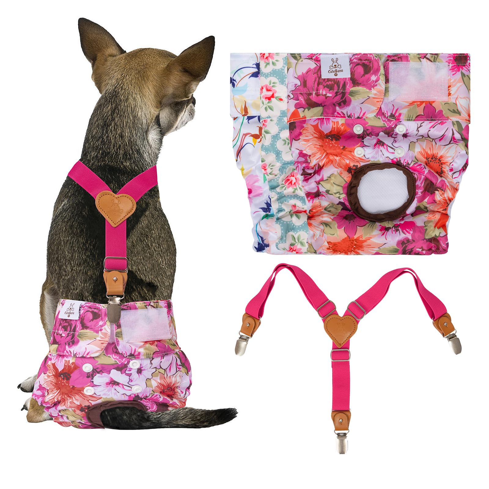 CuteBone Dog Diapers Female 3 Pack Reusable Doggy Diapers with One Suspender for Small Medium Large Dog Period BDD02M