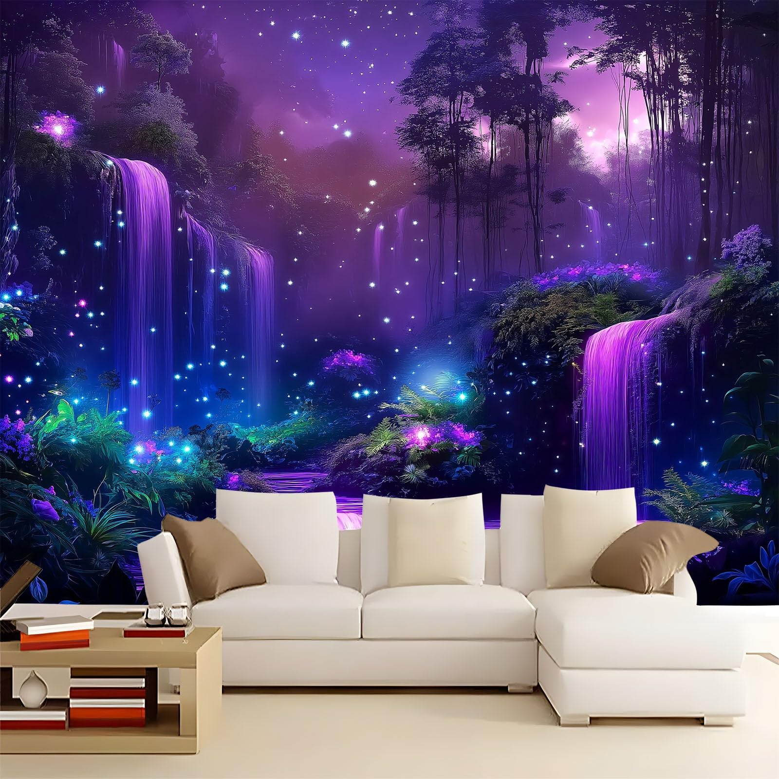 Panoramiczna tapeta z włókniny 3D fioletowy fantasy kraina czarów gwiaździsta noc las 200 x 140 cm, spersonalizowany plakat ścienny, samoprzylepne naklejki do salonu, sypialni, restauracji
