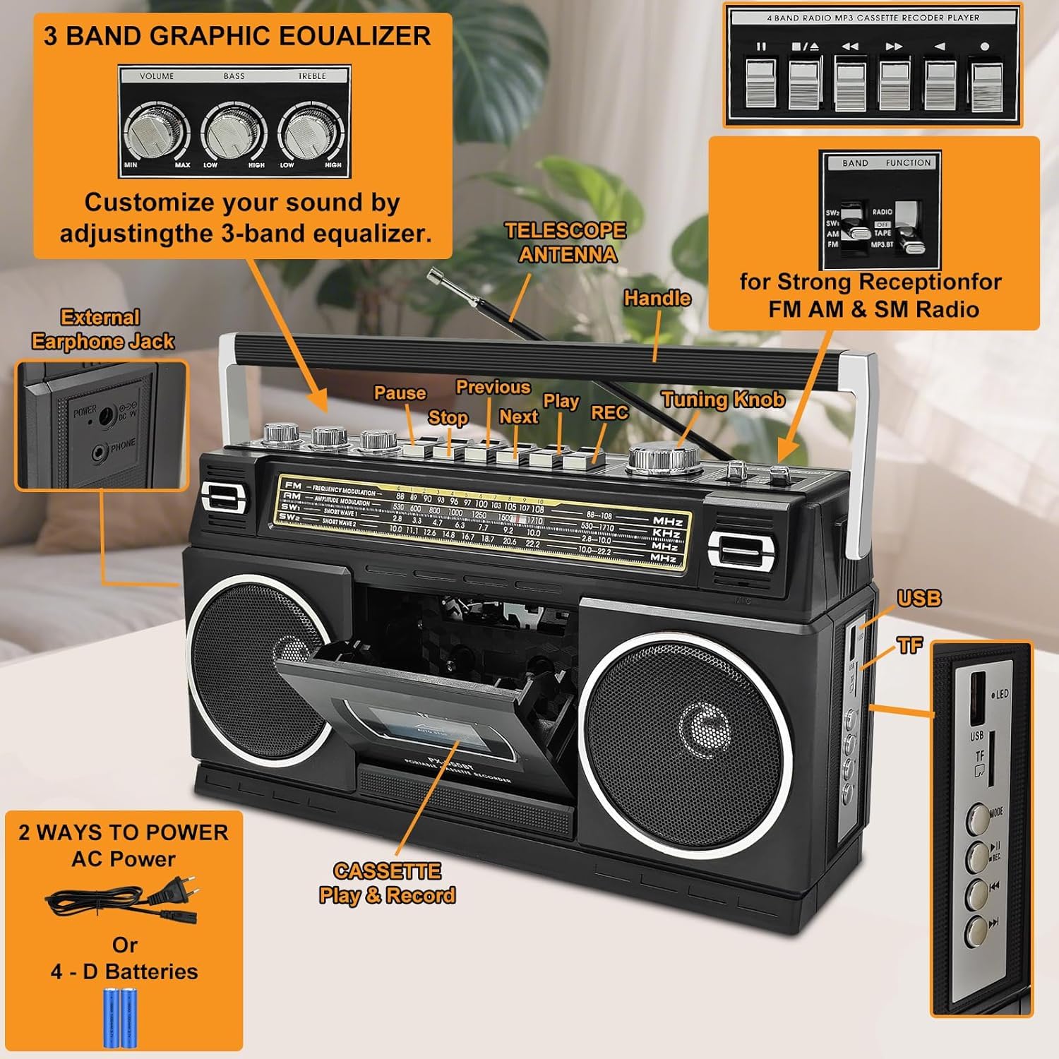 Kassettenspieler mit Bluetooth & Radio (AM/FM/SW) | Digitalisierung von Kassetten auf USB | Stereo Sound,10W, Kassettendeck, USB/TF-Wiedergabe, Netz-/Batteriebetrieb Boombox, Kopfhöreranschluss