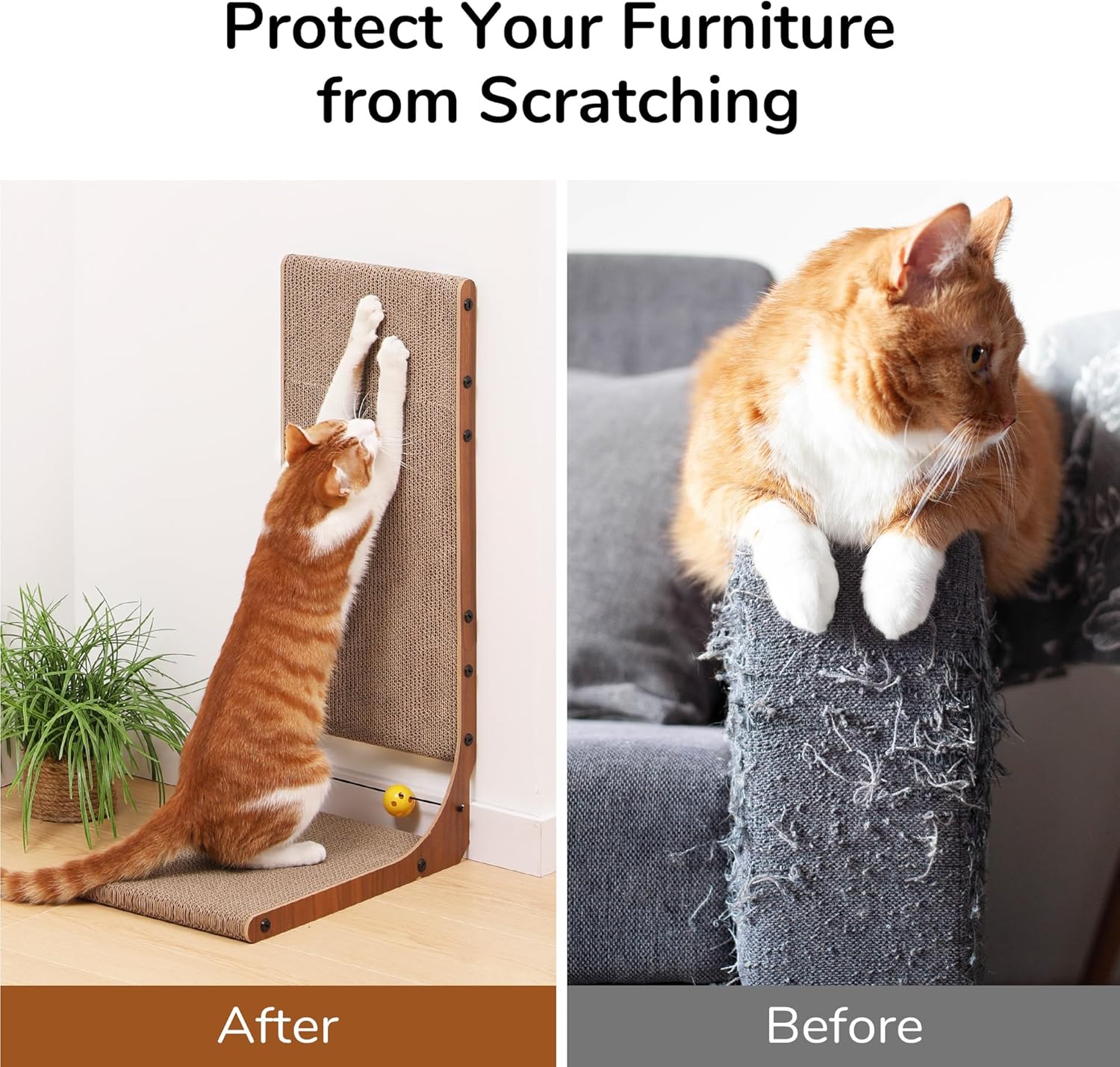 FUKUMARU Cat Scratcher, 26.8 Inch Cat Scratch Pad for Indoor Cats, L Shaped Cardboard Vertical Cats Scratching Board with Ball Toy, Walnut Color, 2 Packs