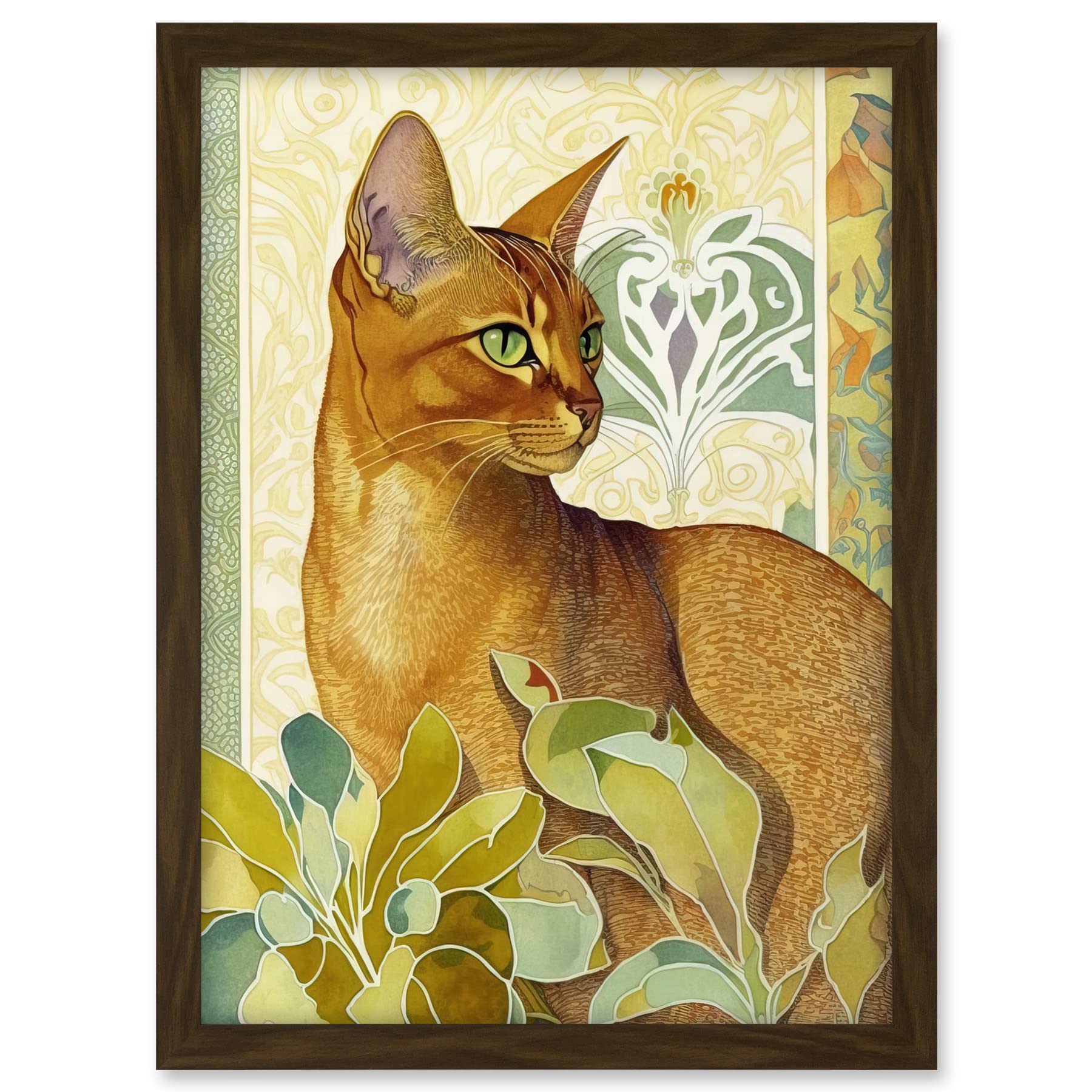 Artery8 Abyssinian Cat with Plants Art Nouveau Bright Modern Watercolour Illustration Artwork Framed A3 Wall Art Print