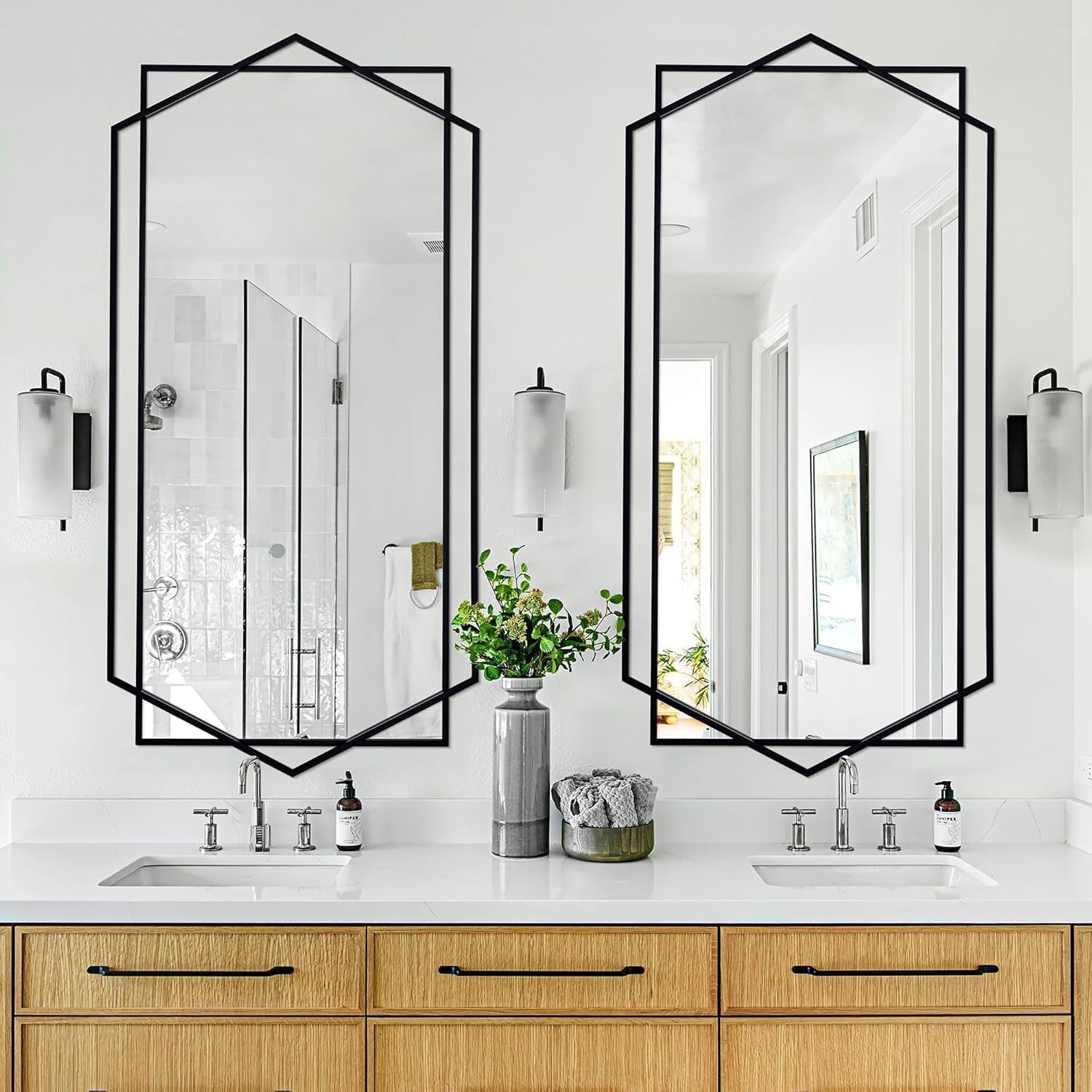 28"x 55" Decorative Mirror for Living Room with Hexagon and Rectangular Metal Frame, Entryway Mirror for Wall Decor, Vertical or Horizontal Hanging, Black