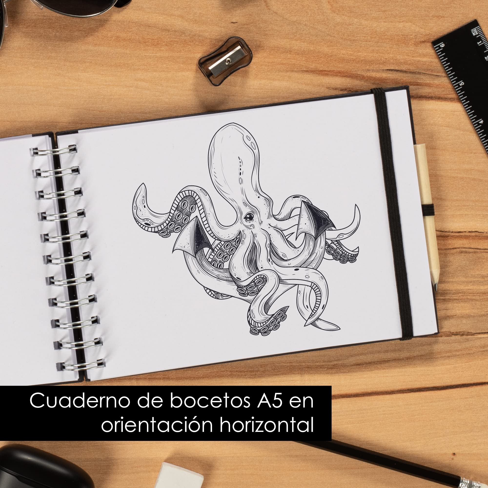 OfficeTree Cuaderno de dibujo A5 con anillas - Horizontal - 96 páginas, 48 hojas - Bloc dibujo A5 200 g - Bloc de dibujo para acuarela - Cuaderno dibujo con lápiz