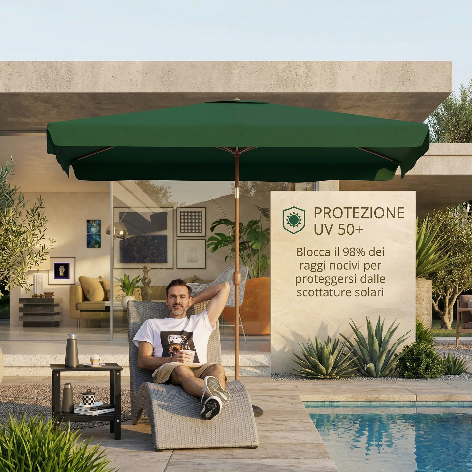 Outsunny Ombrellone da Giardino 2x3 m Inclinabile con Apertura a Manovella, Presa d'Aria e Bordo a Balze, Ombrellone da Esterno Rettangolare Anti UV 50+ in Alluminio e Poliestere 180 g/㎡