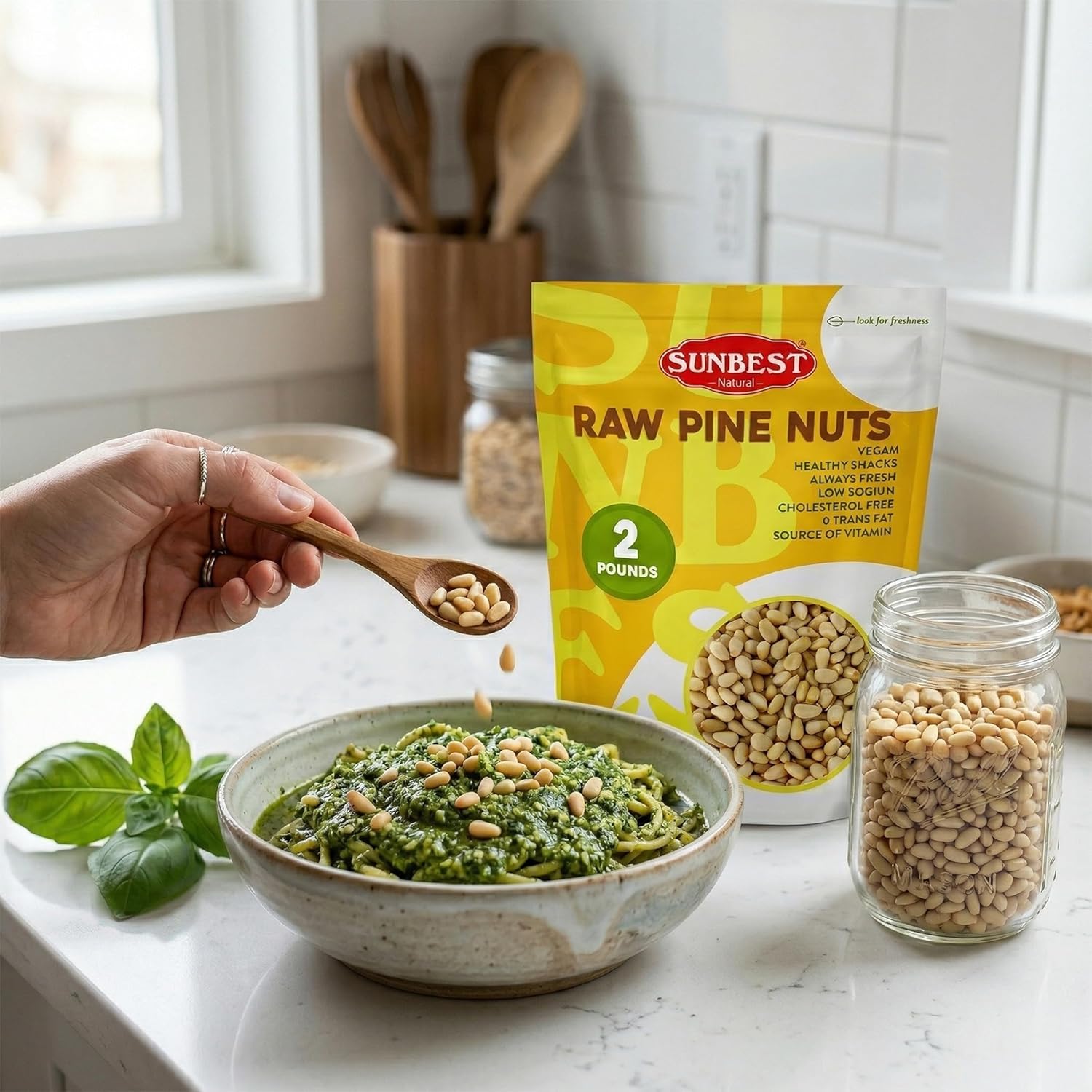 Sunbest Natural Raw Pine Nuts, 2lbs – Unsalted & Unroasted – Shelled Pignoli Nuts For Pesto, Baking, Salads & Cooking – Non-GMO, Vegan, Healthy Snack