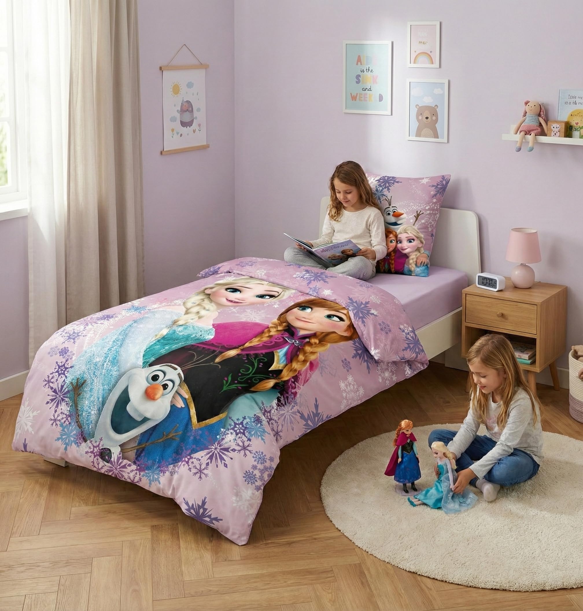 Housse de Couette La Reine des Neiges Fille 135x200 + Taie Elsa & Anna | Parure de lit 1 personne réversible | 100% Coton Oeko-Tex | Elsa Anna Olaf | Idée cadeau | Licence officielle