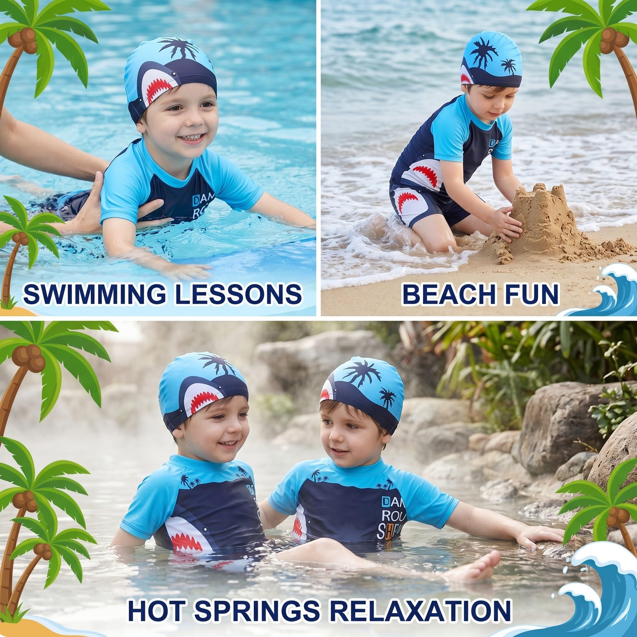Set de Bañador Niño con Gorro Piscina Diseño Tiburón, Talla XL 5-6 Años 100-120cm, Tejido Elástico Secado Rápido Cintura Alta, Bañador Natación Niño para Piscina y Aguas Termales