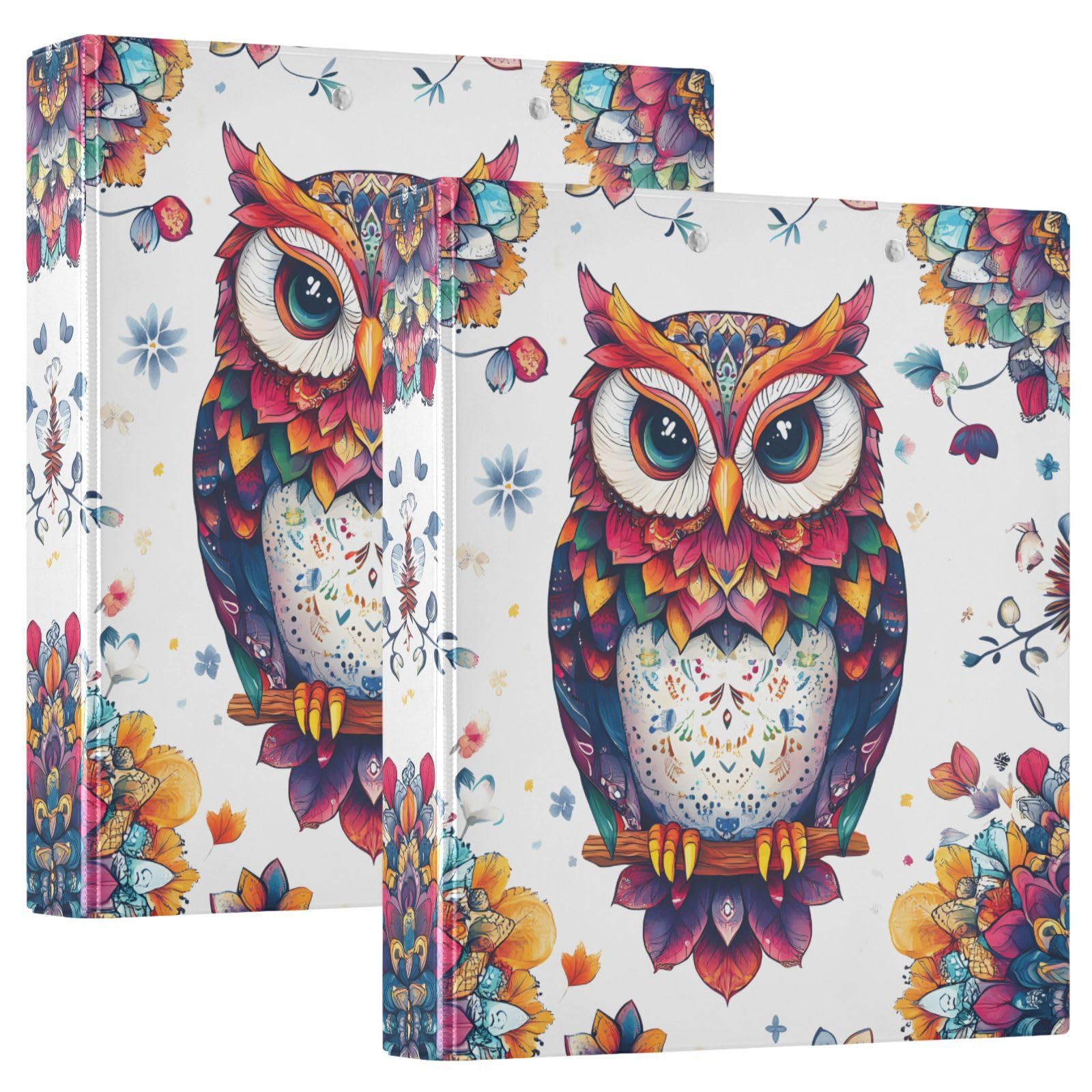 Confezione da 2 raccoglitori a 3 anelli, mandala, boho, animali, gufo, 3,8 cm, con 3 tasche trasparenti, portablocco e contiene 200 fogli, per ufficio, scuola, organizzazione domestica