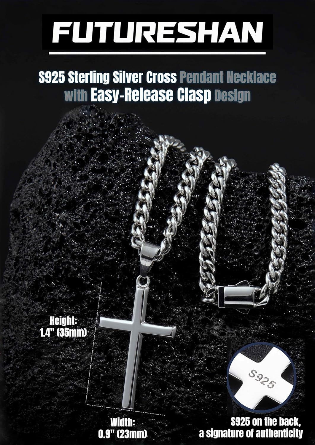 Solid 925 Sterling Silver Cross Necklace for Men & Upgraded Box Clasp 316L Stainless Steel Cuban Link Chain Mens 5MM Width Crucifix Jewelry Beveled Edge Cross Pendant 18-26 Inches - Image 2