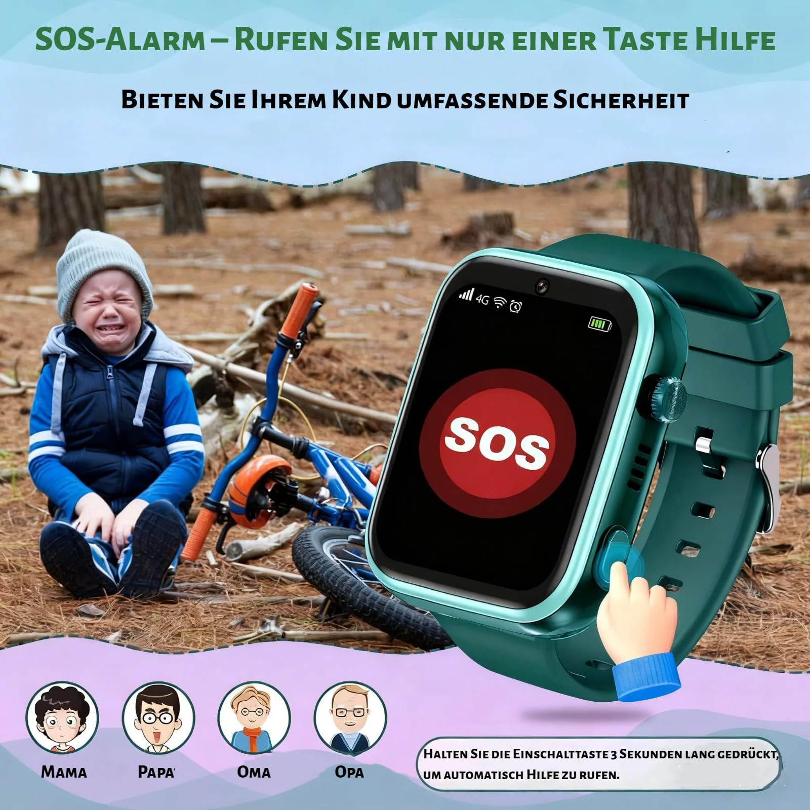 OKYUK Smartwatch dziecięcy 4G z trackerem GPS, dwukierunkowe połączenia, SOS, smartwatch z wieloma stylami pulpitu do wyboru dla 6-12 chłopców i dziewczynek (ciemnozielony)