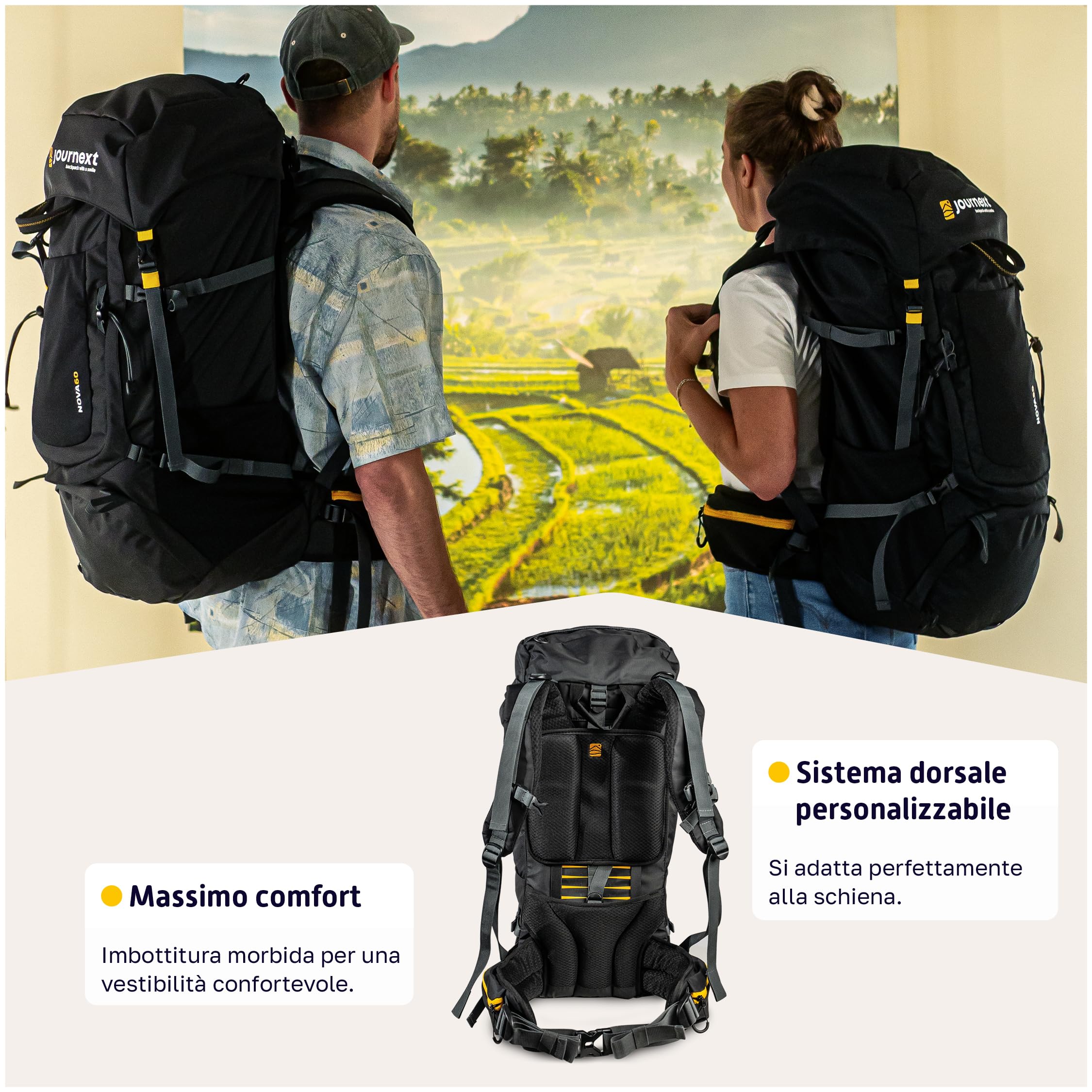 Journext NOVA Zaino da Viaggio 60+10 L | Trekking e Interrail Con Apertura Frontale e Superiore | Campeggio 60 Litri