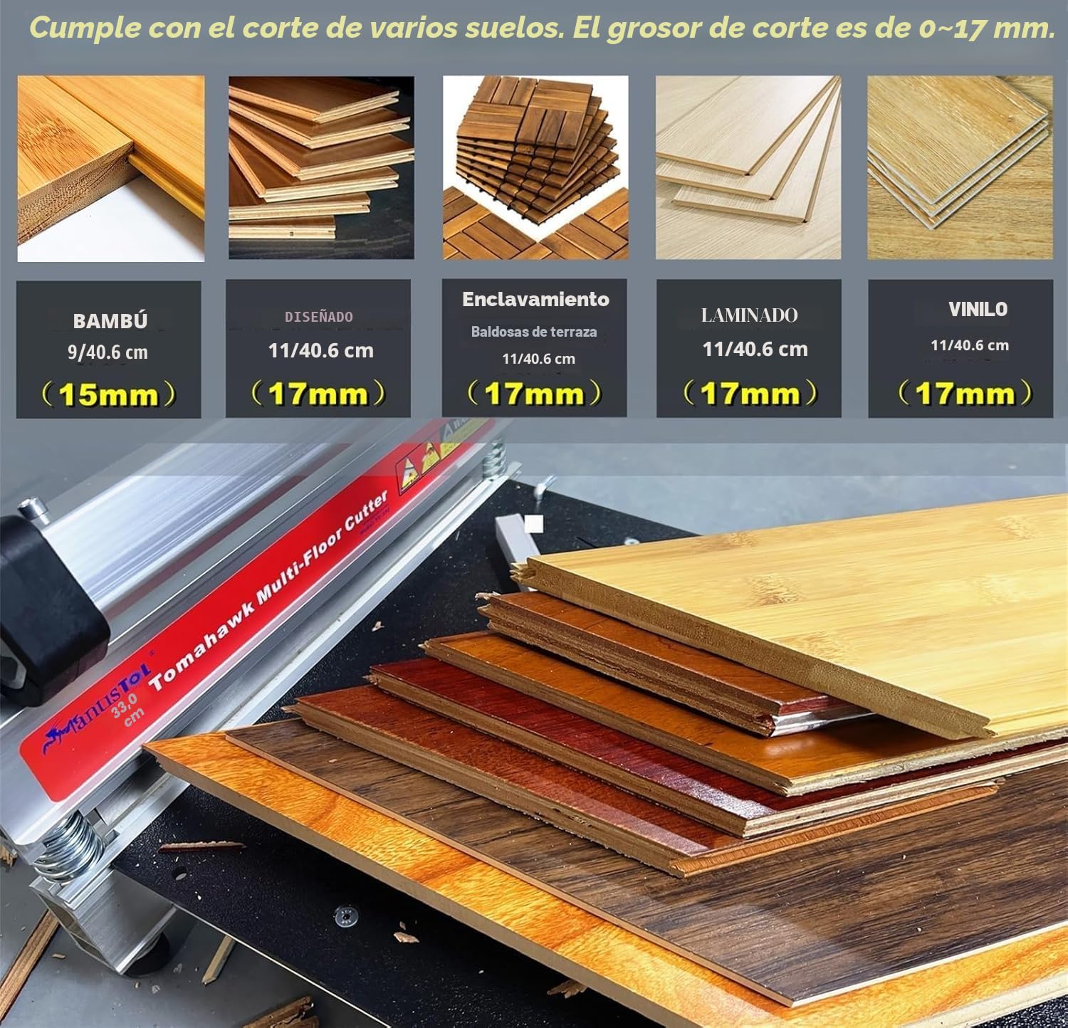 Guillotina para corte de vinilo y laminados TC330 de 330 mm; perfecto para suelos de bambú, madera dura de ingeniería, parquet, laminado, HDF, MDF, tablones de vinilo, revestimiento y más;