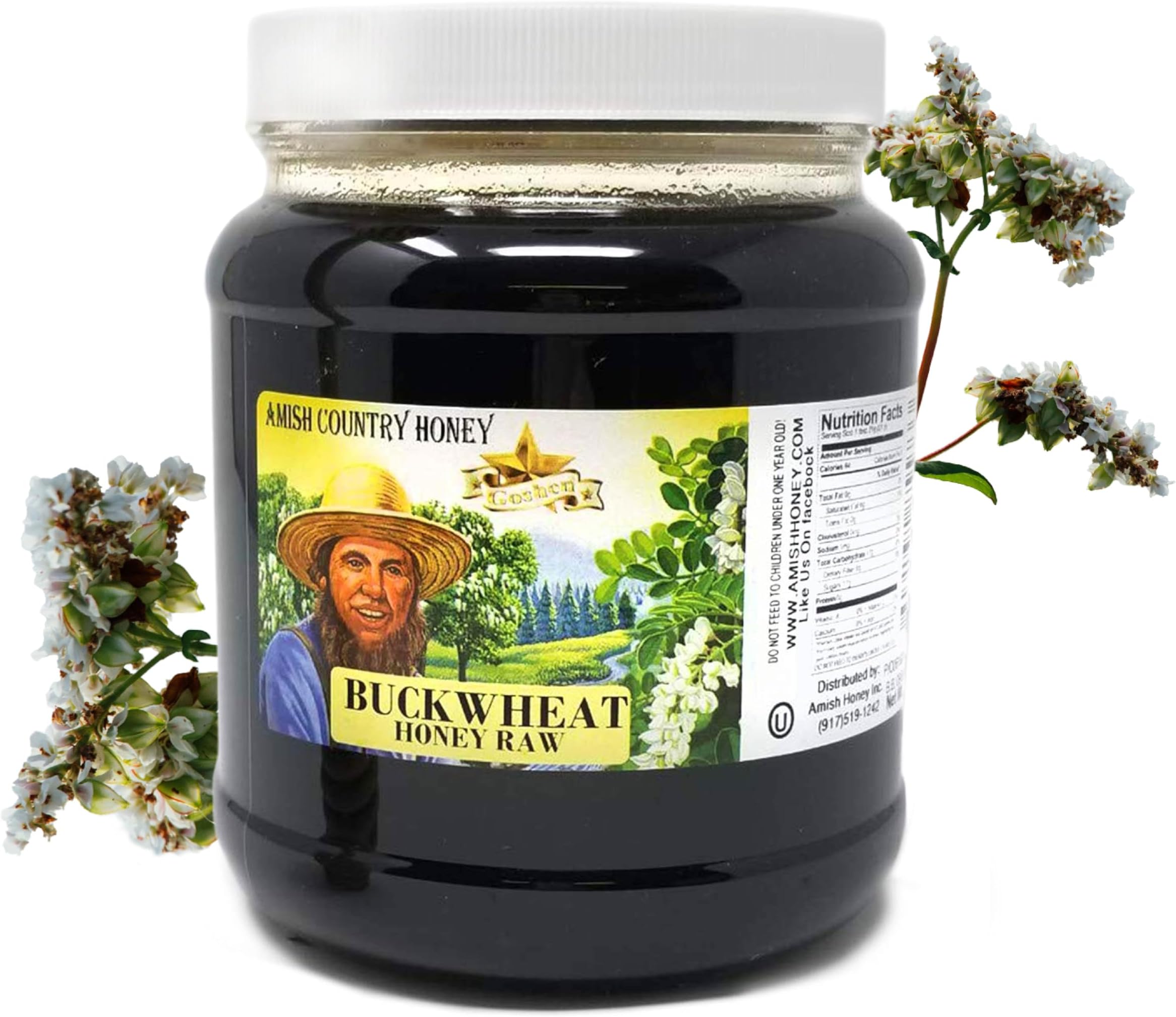 Goshen Amish Country Extremely Raw Buckwheat Honey - Unfiltered, Unprocessed, Pure & Natural - Harvested in the USA - Rich Flavor for Tea, Cooking, Wellbeing - Kosher Certified - 5lb Glass Jar
