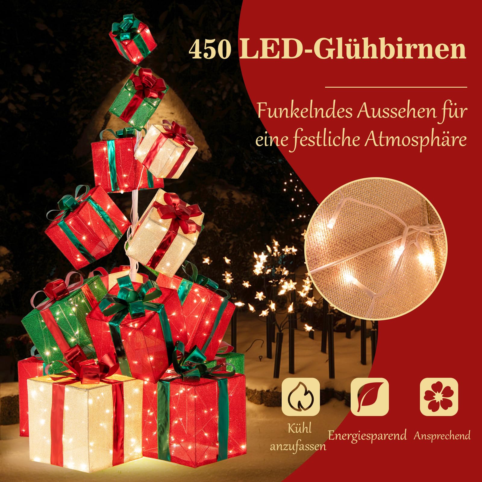 COSTWAY 170 cm große LED Geschenkboxen, 15 gestapelte Weihnacht Dekoboxen mit 450 warmweißen Lichtern, Metallsockel, beleuchtete Weihnachtenbox, Weihnachtsdeko für außen und innen