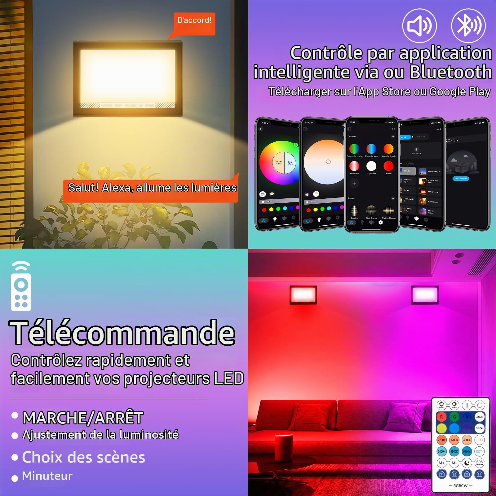 Projecteur LED Extérieur Couleur, T-SUNUS 30W Projecteur LED RGB avec APP Bluetooth et Télécommande, IP66 Etanche Spot Extérieur Pour Arbre Soirée Bar Fête Noël 4 Pièces