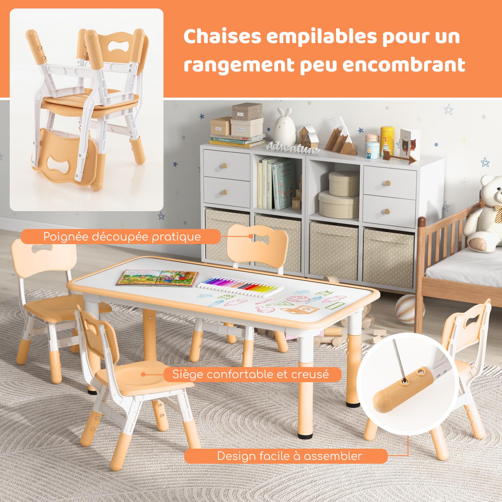 GOPLUS Table Enfant avec 4 Chaises, Réglable en Hauteur, Table a Dessin Enfant avec Plateau à Graffitis, Bureau d'Activité Bebe 18+ Mois pour Chambre d'enfant, Maternelle (Naturel)