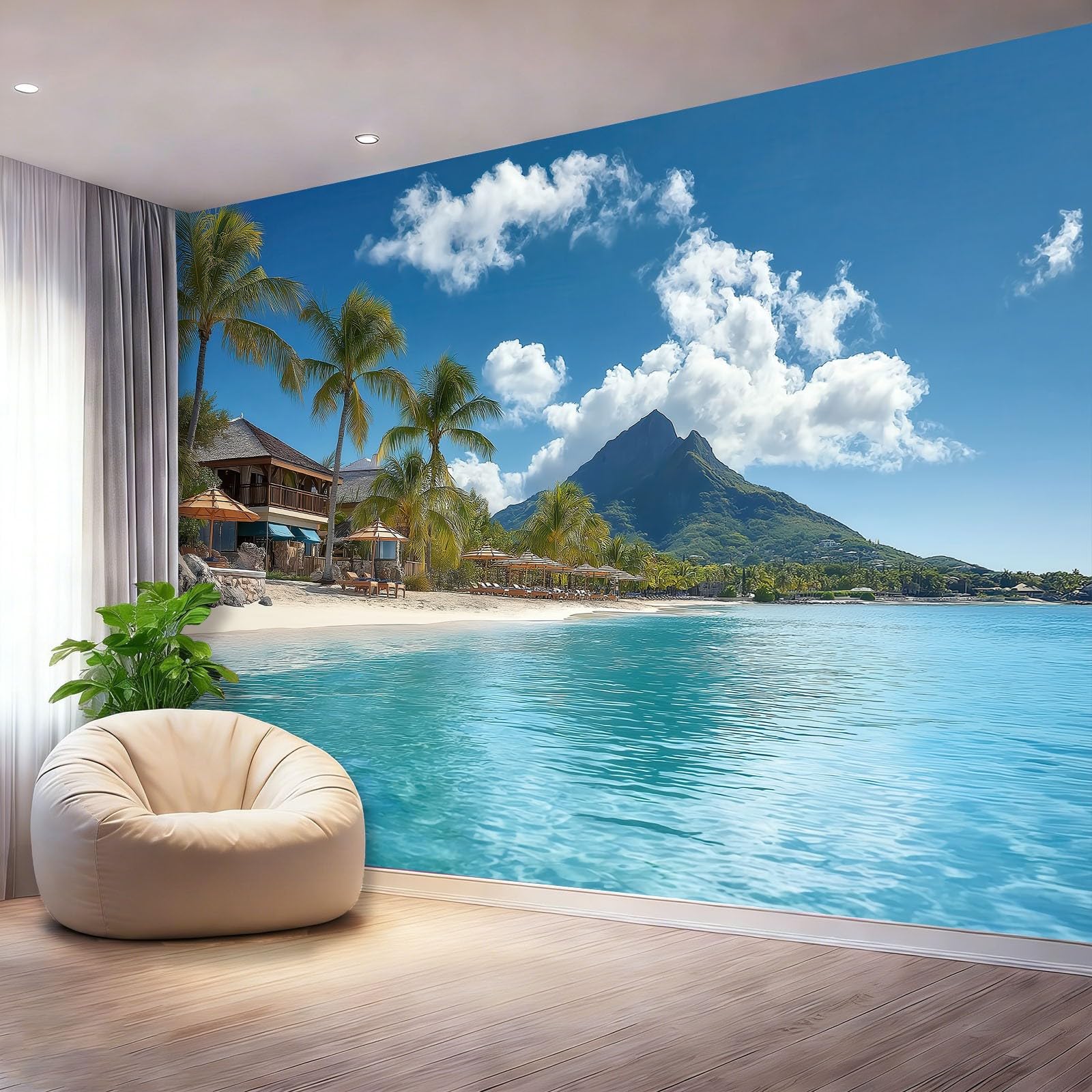 Fototapeta z włókniny 350 x 256 cm – fototapety do salonu, sypialni, biura, pokoju dziecięcego, jadalni – natura, plaża, tapeta z włókniny, tapeta ścienna, efekt 3D, morze, piaszczysta plaża, palma