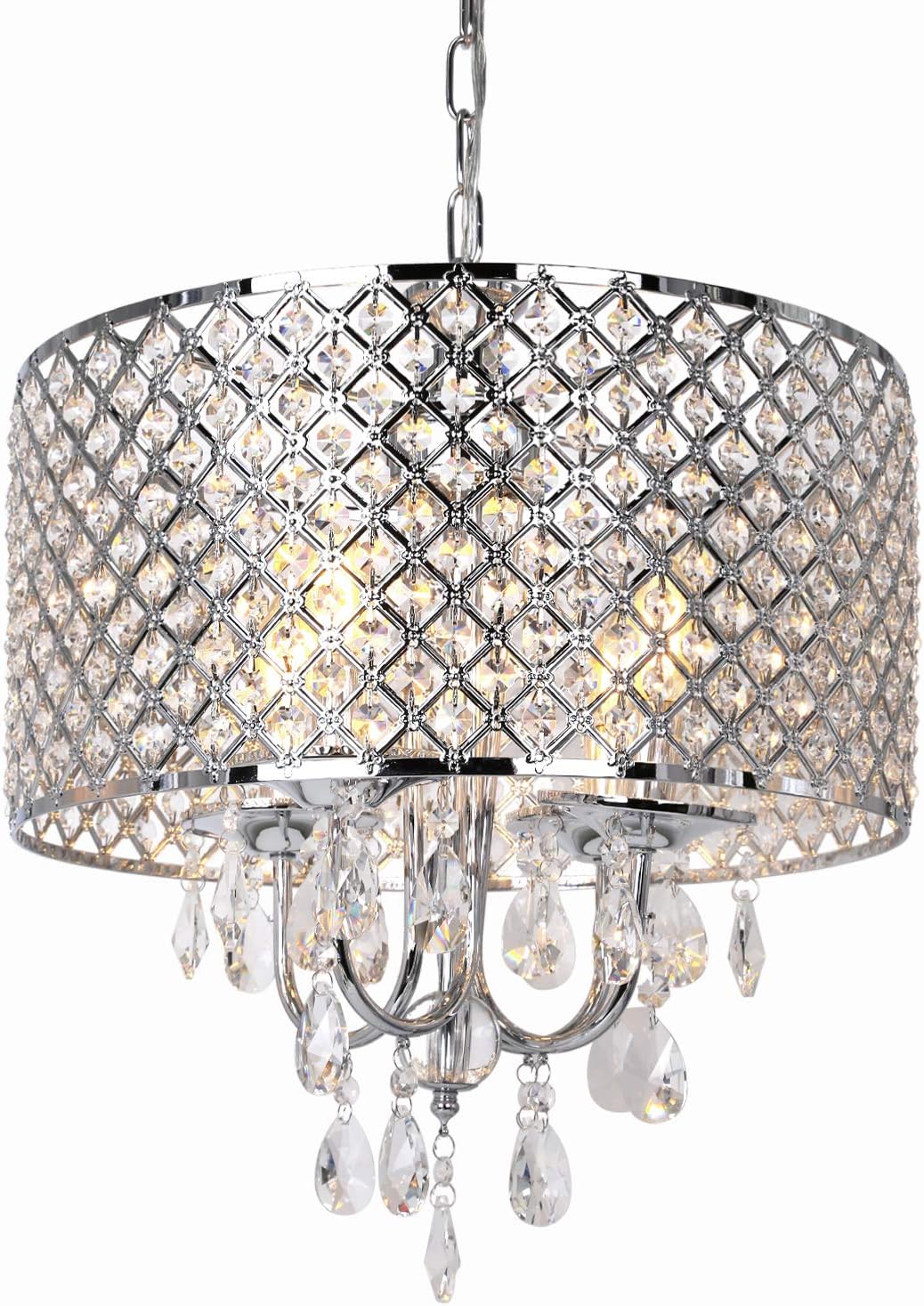 16.5 inch 4-Light Crystal Chandelier Ceiling Light with Beaded Round Drum Metal Shade, Antique Chrome Finish Pendant Lighting, Hanging Lamp for Hallway, Kitchen, Dining Room, Living Room