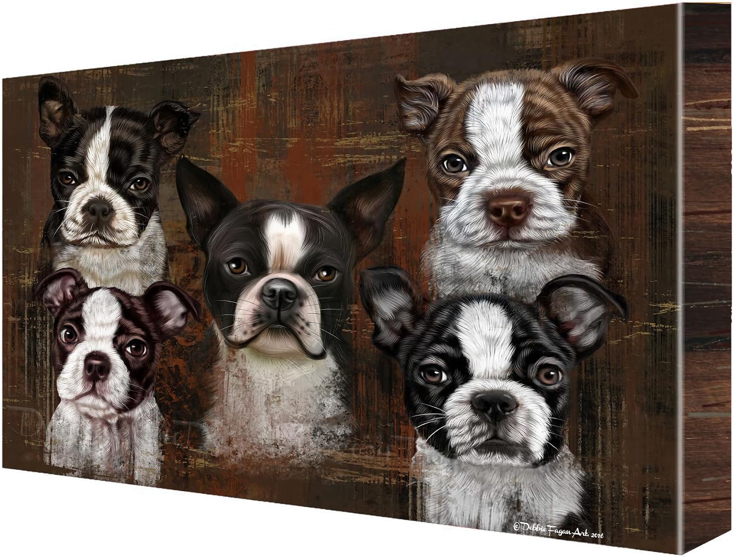 Rustic 5 Heads with Boston Terrier Dogs Canvas Wall Art - Premium Quality Ready to Hang Room Decor - White Floating Framed 16" x 16"