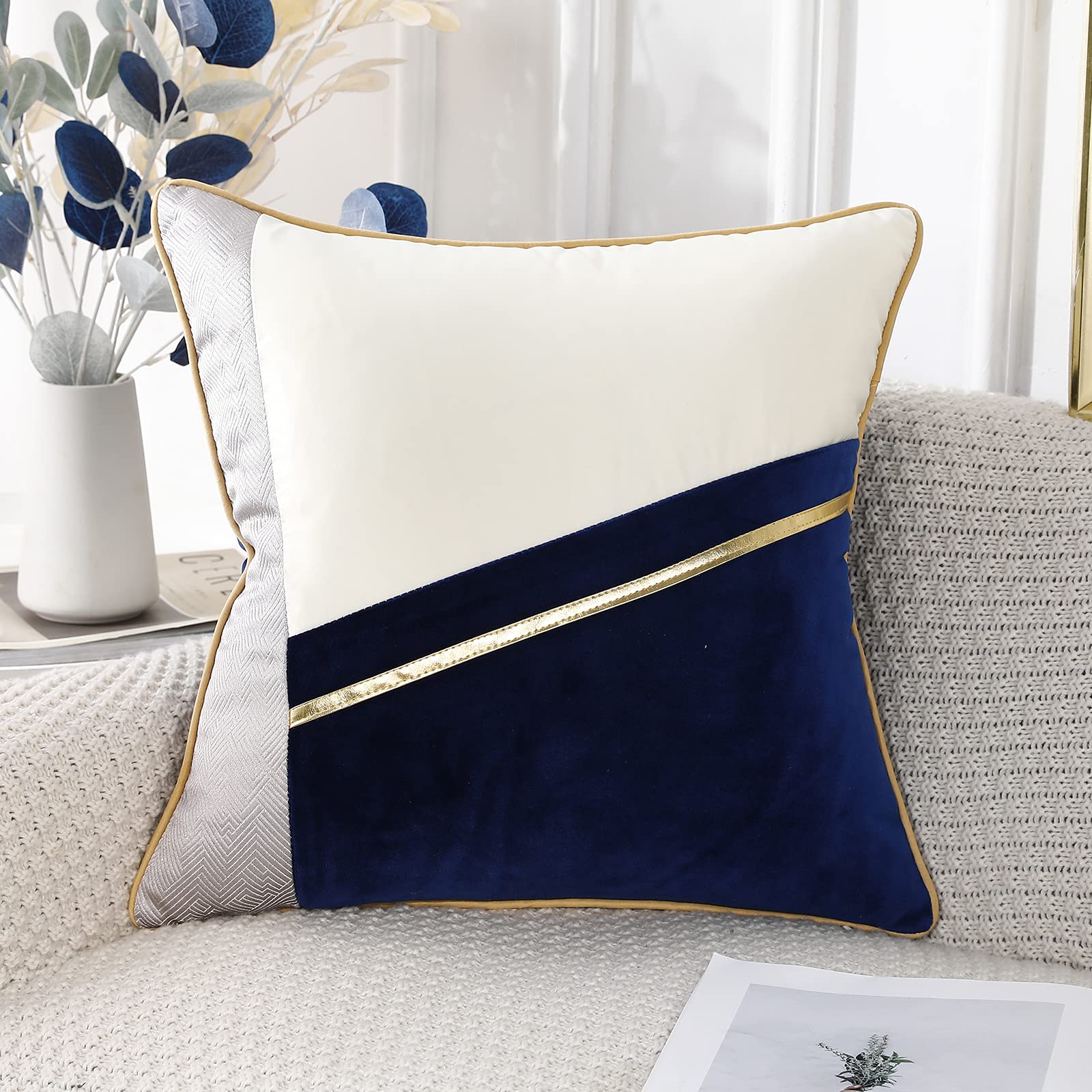 Panod Patchwork Silk Like Velvet Throw Pillow Cover With Gold