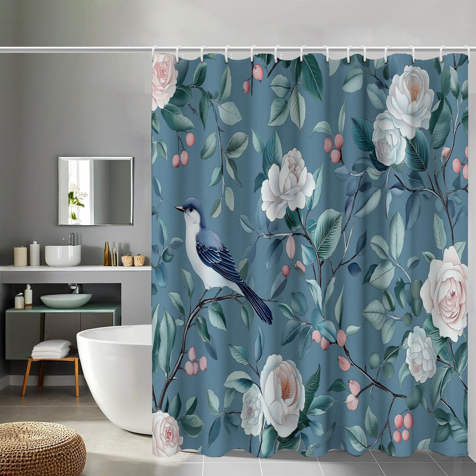 Rideau de douche 240x200 bleu canneberge vintage fleurs et oiseaux en tissu lavable