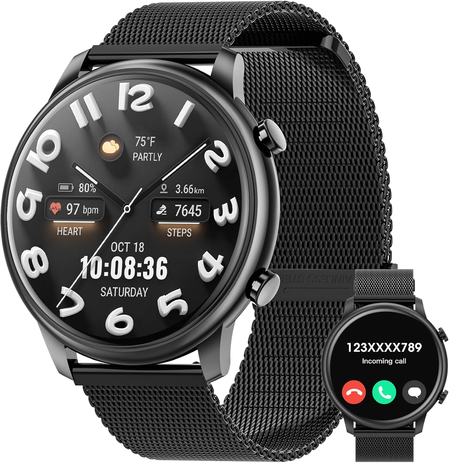 Image of the Hwagol M6 Smart Watch in black steel, displaying time, weather, heart rate, and steps.