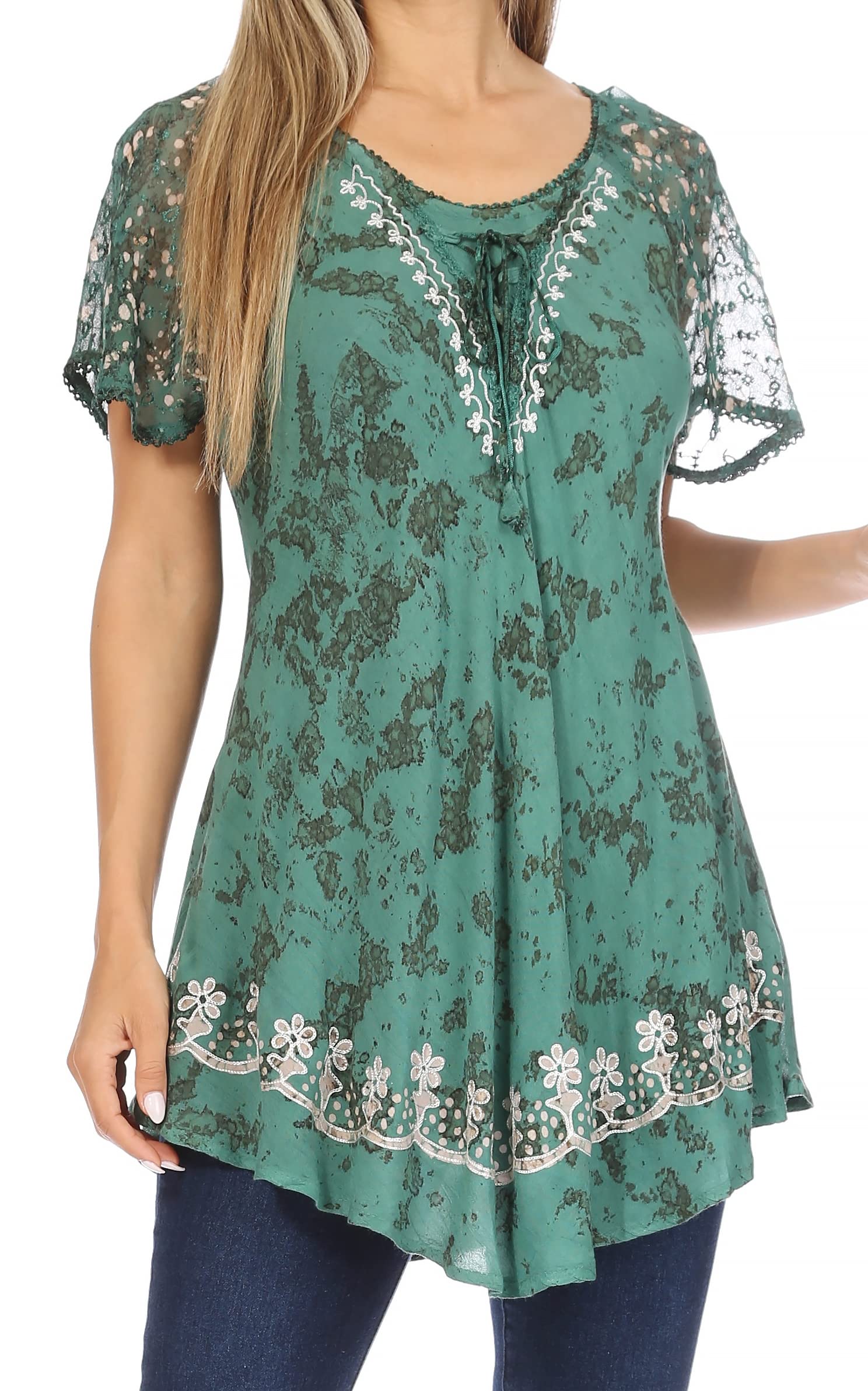Sakkas Ash Speckled Tiedye Embroidered Cap Sleeve Blouse Top with Embroidery Hems