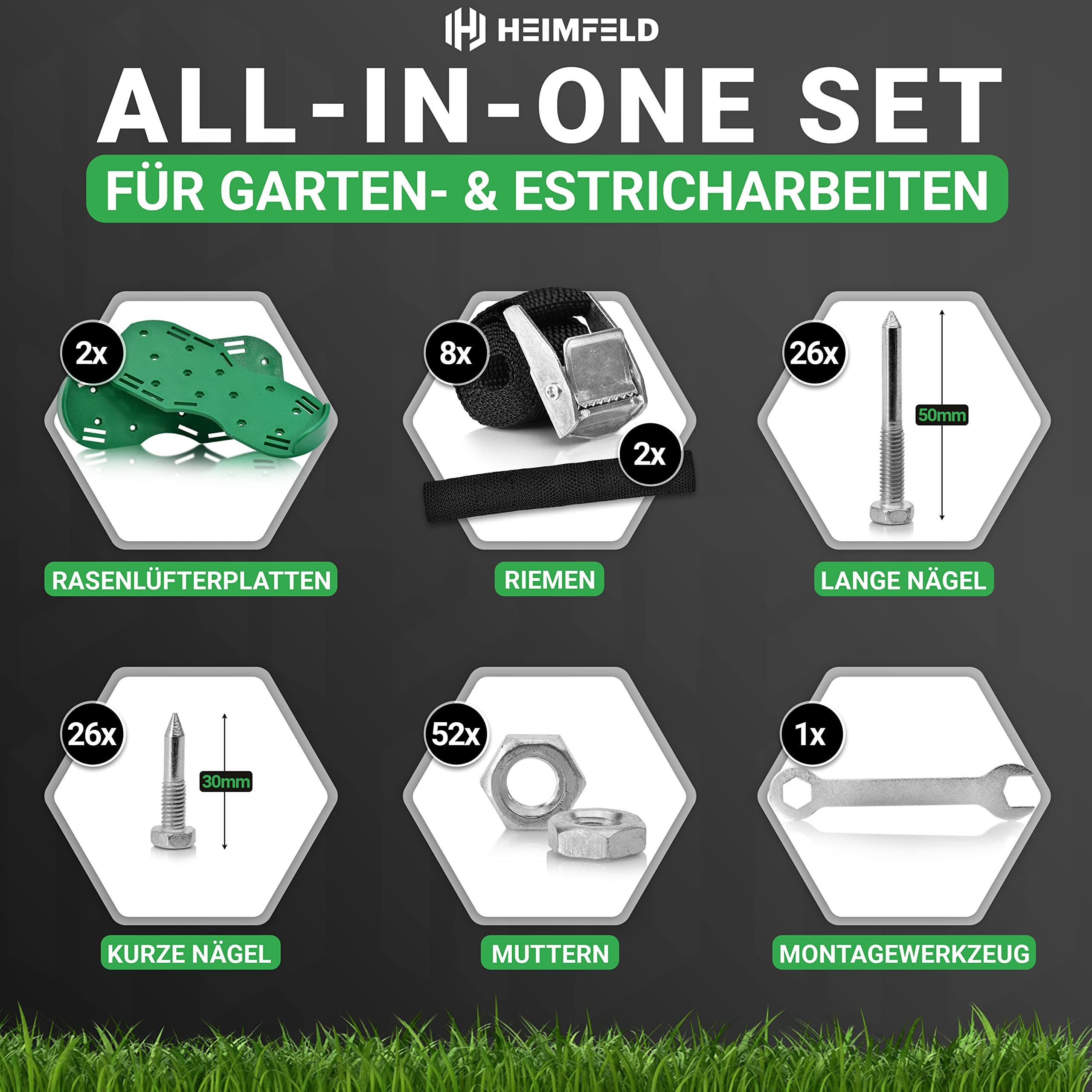 Nagelschuhe mit Riemen - Zum Rasen belüften oder als Estrichschuhe - Rasenlüfter Schuhe inkl. kurzen & Langen Nägeln - Hochwertiger Rasenbelüfter als optimaler Rasen Lüfter