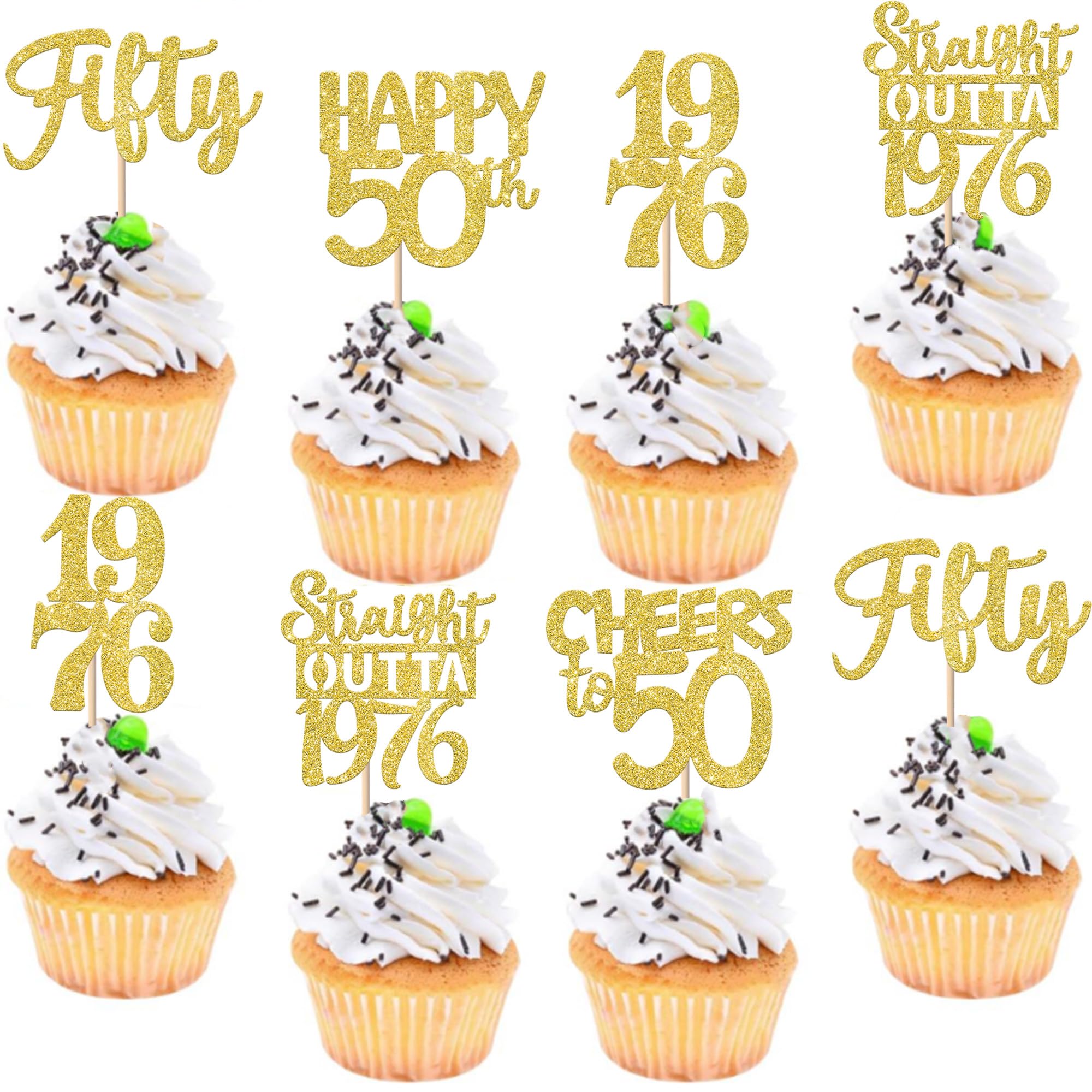 Xsstarmi 30 Pack Happy 50th Birthday Cupcake Toppers Gold Glitter Fifty Straight Outta 1976 Cupcake Picks for Cheers to 50 Years 50th Birthday Anniversary Party Cake Decorations