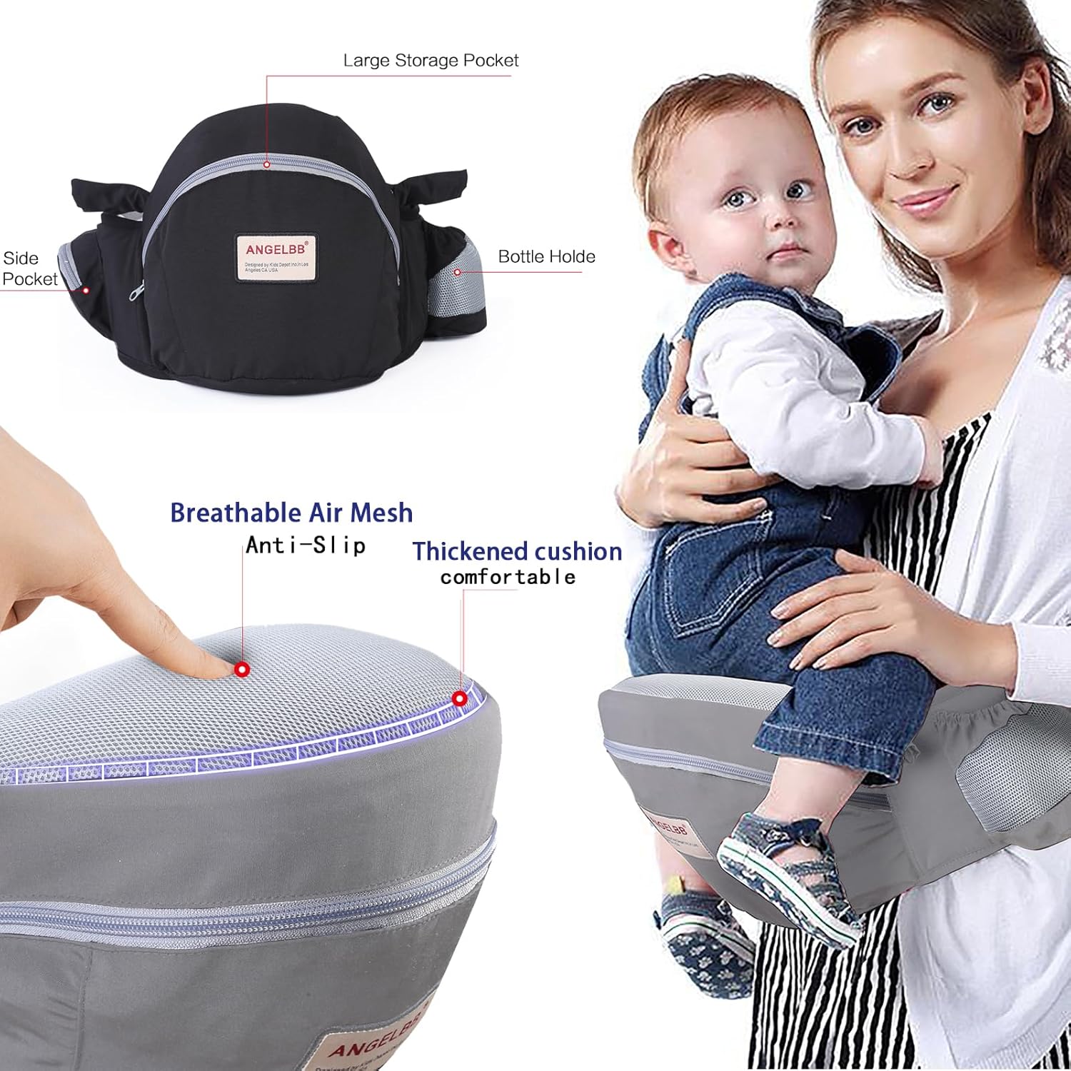 Baby Hip Carrier with Foldable Seat 180゜ Up-Down for Infant,Adjustable Straps Also as Waistband Extender,Huge Pockets,Ergonomic Waist Stool for Newborn to Toddlers Gift All-Seasons (Grey)
