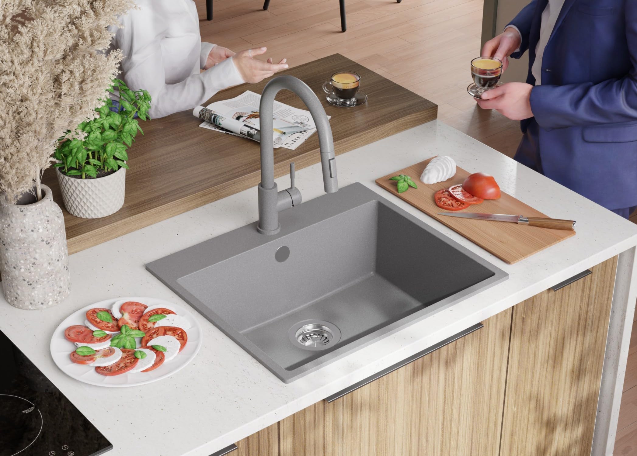 PRIMAGRAN Lavello da Cucina Tutto Grigio 58x50cm, Lavandino in Granito a 1 vasca + Sifone Classico, Lavabo da Cucina Incasso al Mobile 60cm - Riga S313
