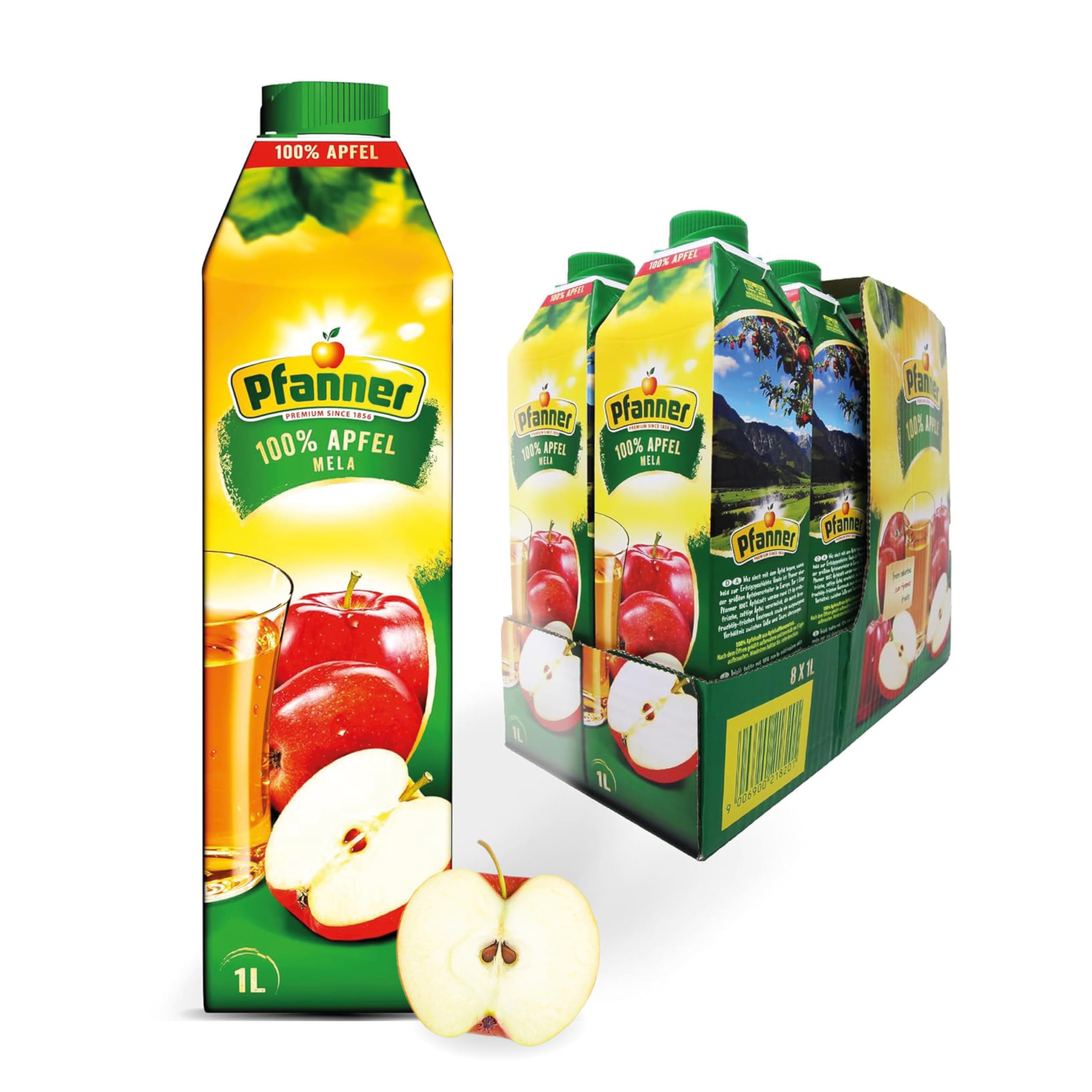 Pfanner 100% Apfelsaft (8 x 1 l) – vitaminreicher Saft aus Apfel – säuerlich-süßes Fruchtgetränk im Vorratspack – ohne Zuckerzusatz