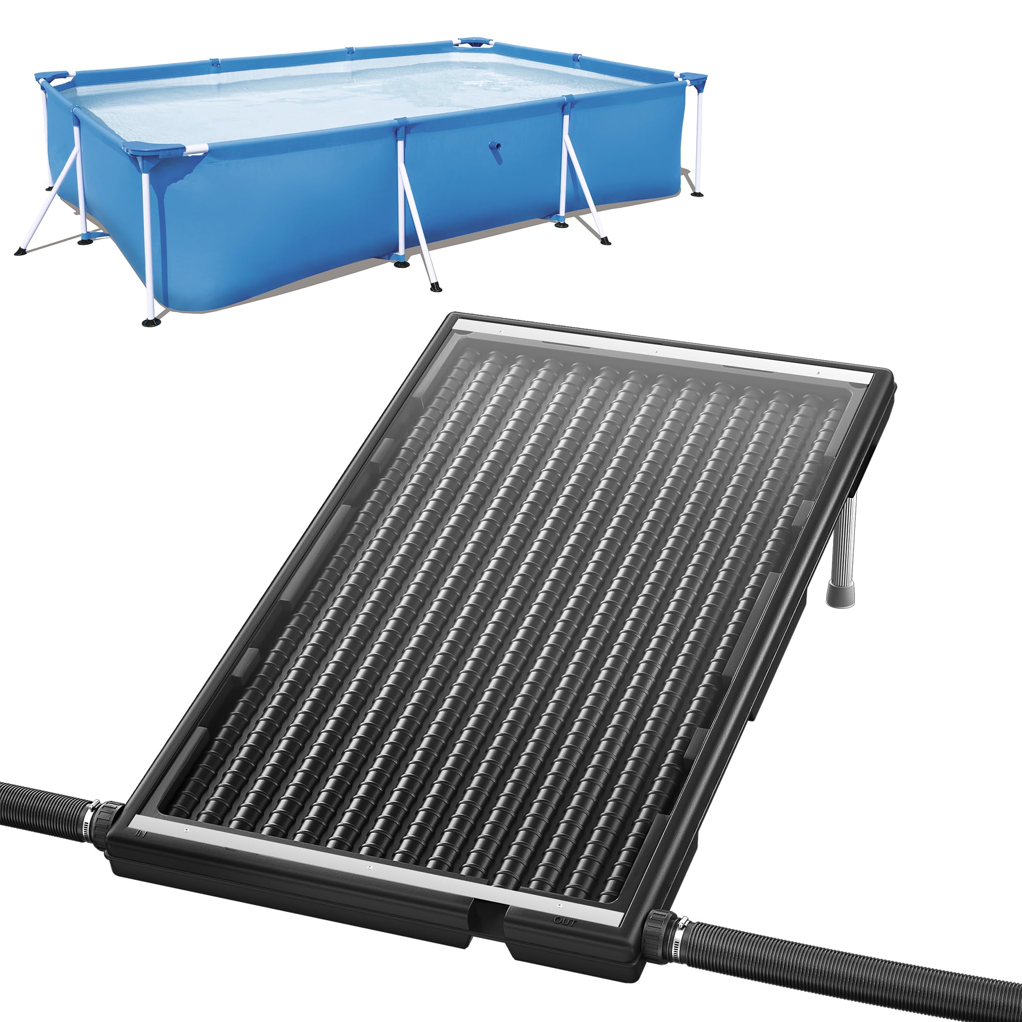 FIVMEN Solarne ogrzewanie basenowe, 111,5 x 66 x 6,5 cm, kolektor solarny, ogrzewanie basenu z nogami podporowymi i przewodami wodnymi, ogrzewanie ciepłej wody do basenu, pojemność 15 l
