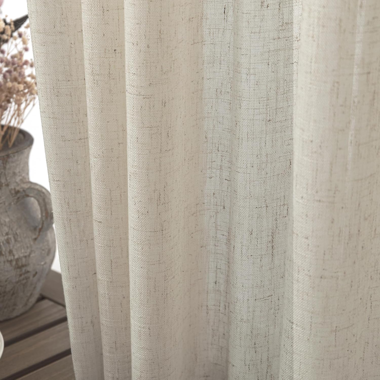 KOUFALL Oatmeal Curtains 96 Inches Long, 8 FT Back Tab Extra Long French Country Farm House Semi Sheer Light Filtering Linen Curtain Drapes for Living Room Bedroom 2 Panel Set, Light Beige image 5