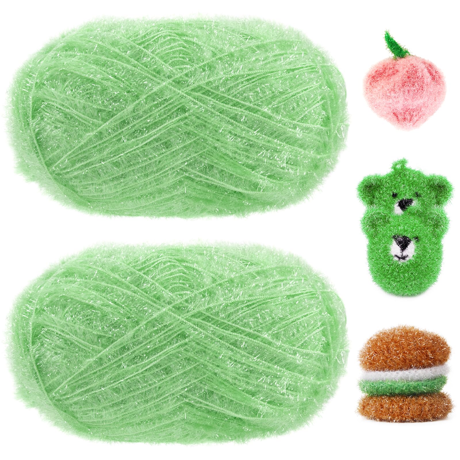 Uiopa Glitter Yarn for Crochet 2 Skeins (2 x 100g, 2 x 200m) Scrubby Yarn Fluffy Polyester Cord for Crocheting Knitting Dishcloths Washcloths Home Decor DIY Crafts (Grass Green)