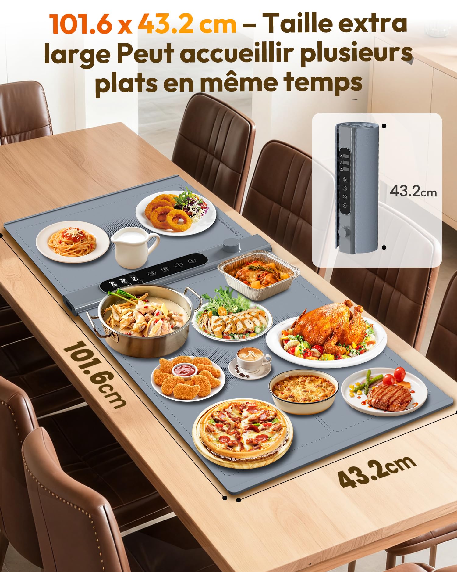 Chauffe Plat Électrique à 3 Zones Indépendantes 101×43 cm | Plaque Chauffante Électrique avec 17 températures minuterie 6h, Chauffe Assiette en Silicone Enroulable pour Buffets et Fêtes