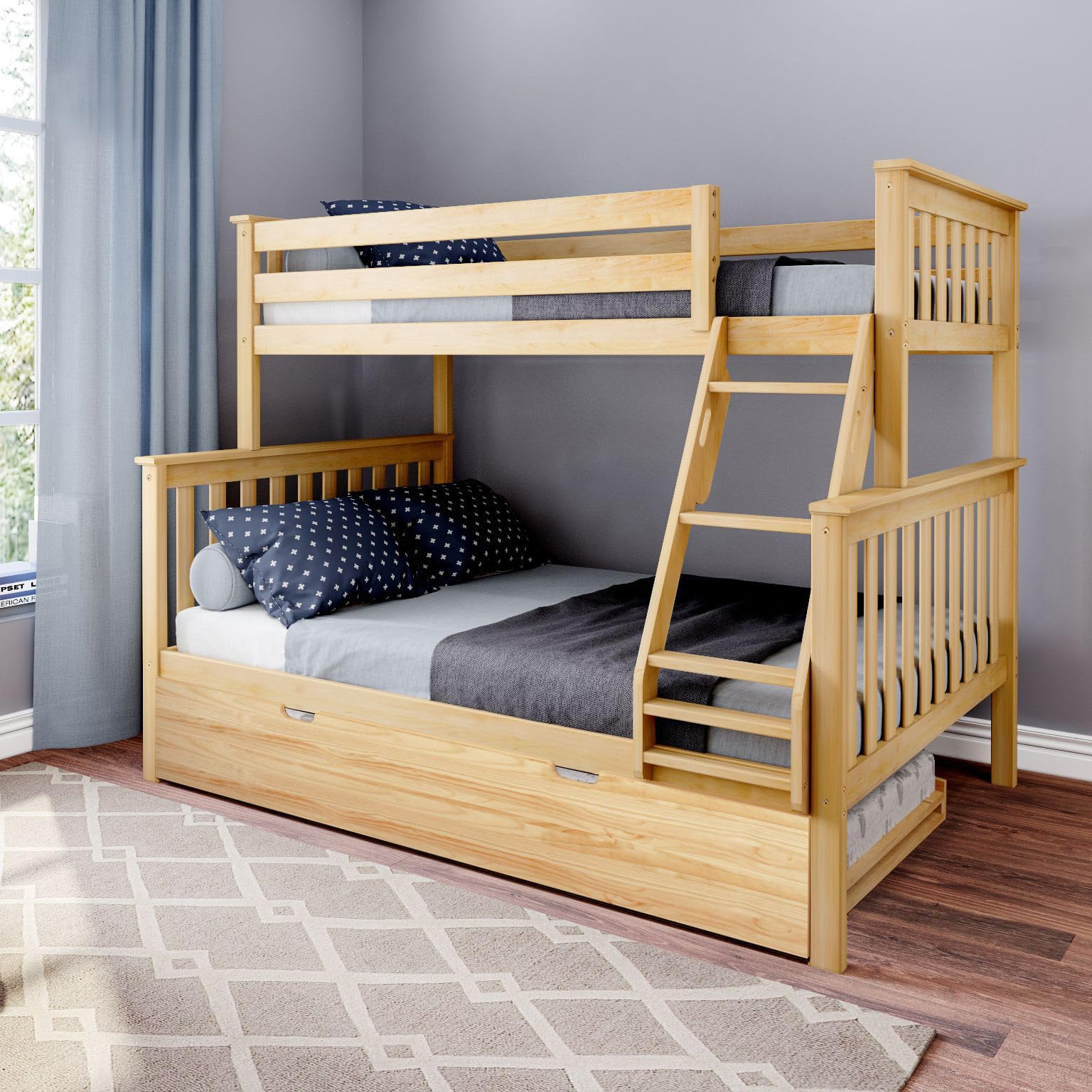 Max & Lily Bunk Bed, Twin-Over-Full Wood Bed Frame For Kids With Trundle, Natural