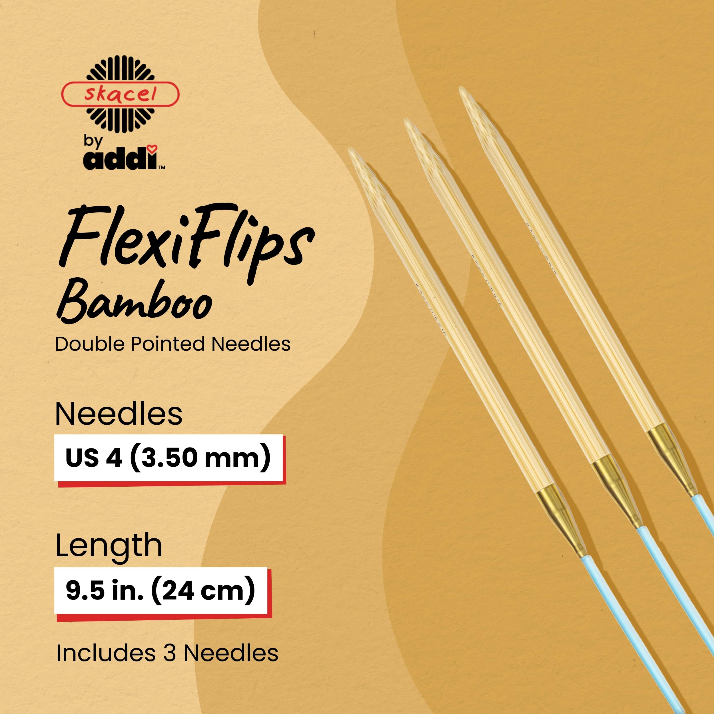 skacel by addi Flexiflips Agujas de tejer de doble punta, puntas de bambú de 24 cm con cordón de nailon flexible, 3,5 mm (talla 4 de EE. UU.)