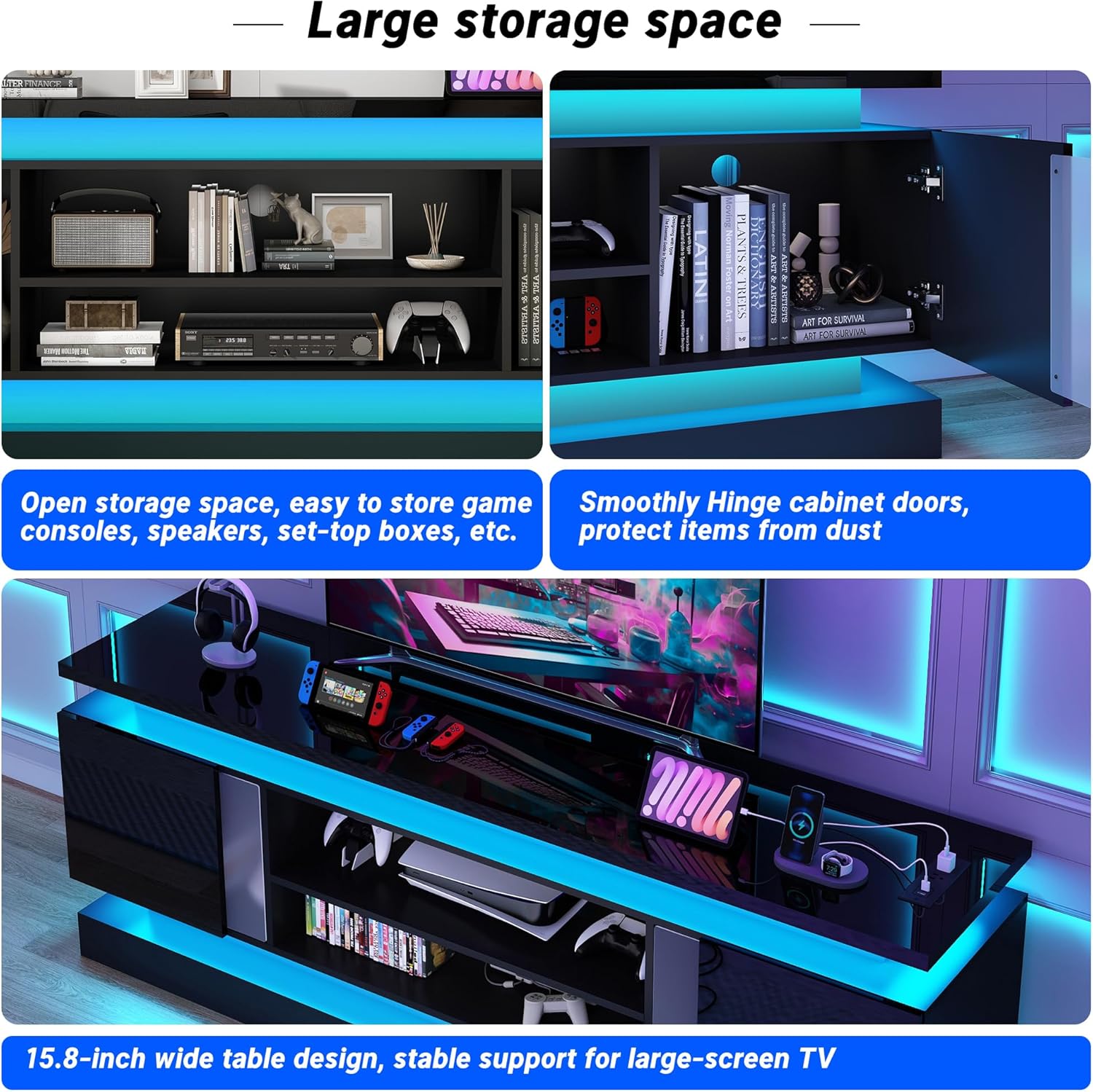 71IN LED TV Stands w/Power Outlet for 85/80/75 Inch TV,High Glossy Modern TV Console Gaming Entertainment Center with 2 Storage Cabinets,Dual LED Lights Strips for Living Room,Bedroom,Black - Image 7